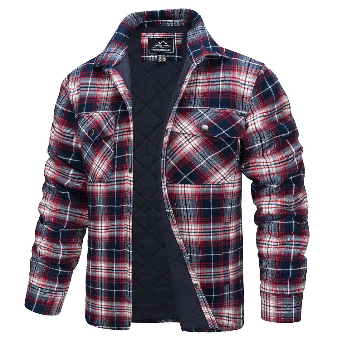 Men's plaid flannel shirt jacket quilted lining warm cotton casual outdoor layer