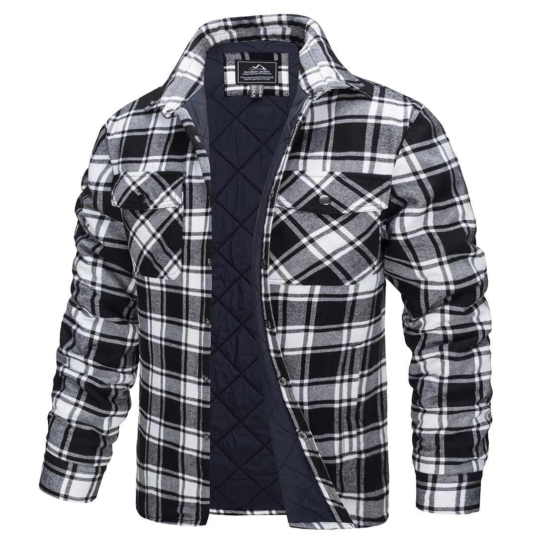 Men's quilted flannel shirt jacket in plaid, cotton outer with warm lining for casual outdoor wear