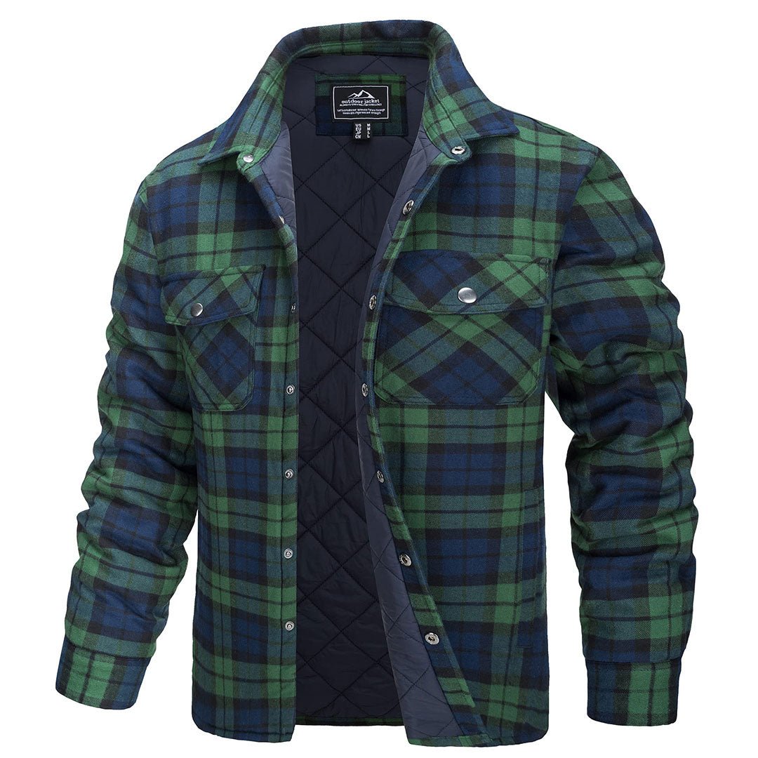 Men's quilted flannel shirt jacket in plaid, casual fit with warm cotton outer and cozy insulated lining