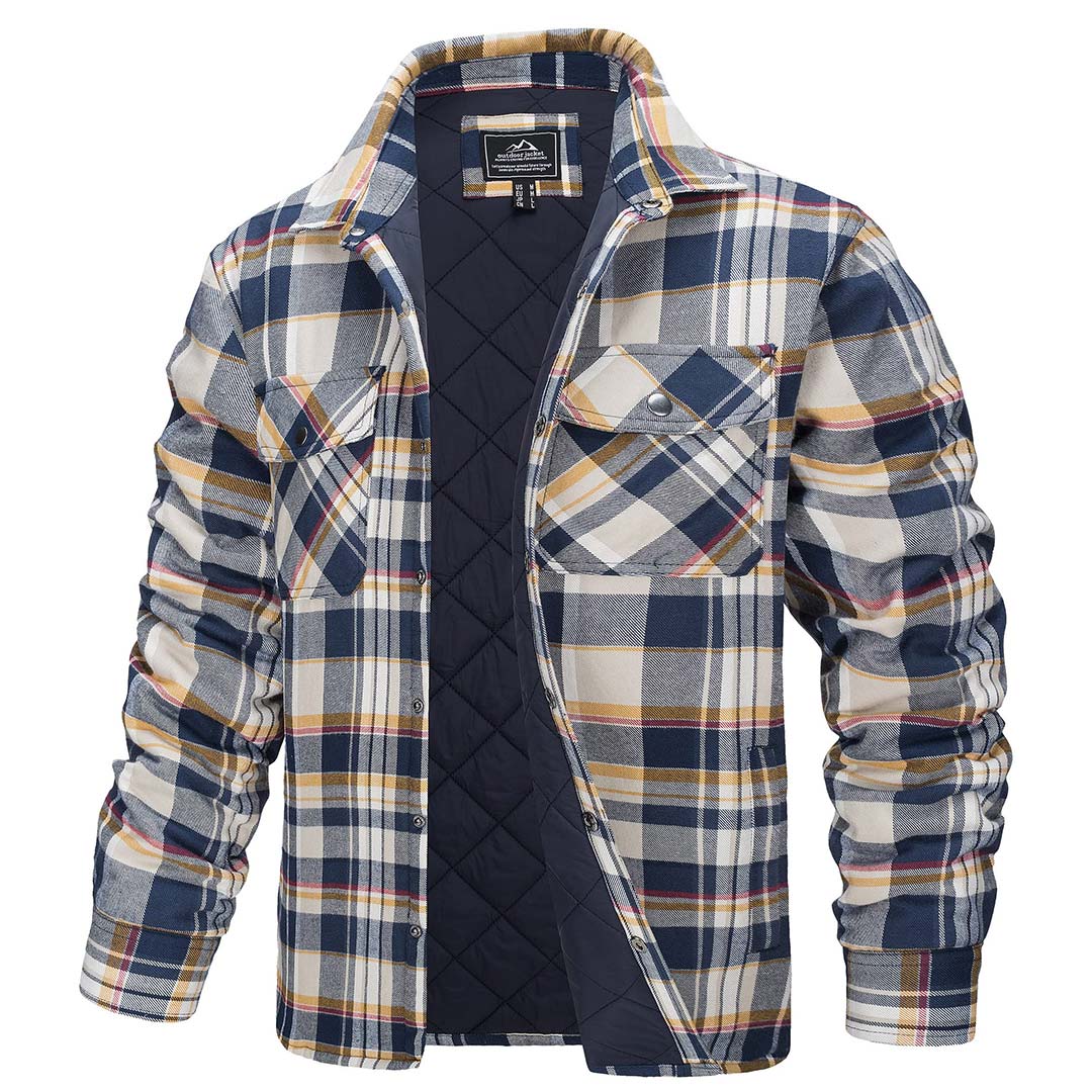 Men's plaid flannel shirt jacket quilted lining warm casual outdoor cotton overshirt