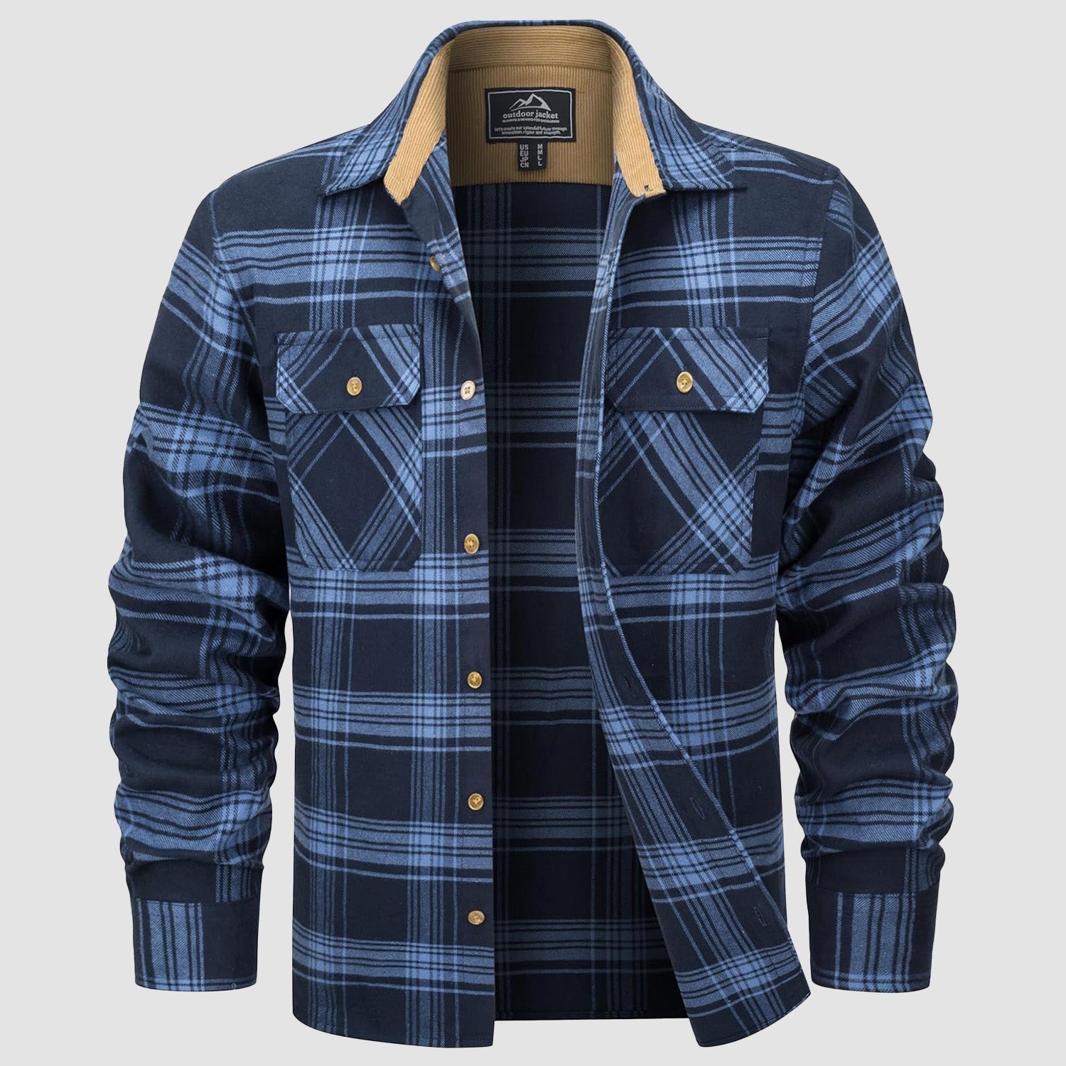 Men's lightweight flannel shirt jacket brushed cotton corduroy lined collar cuffs casual everyday