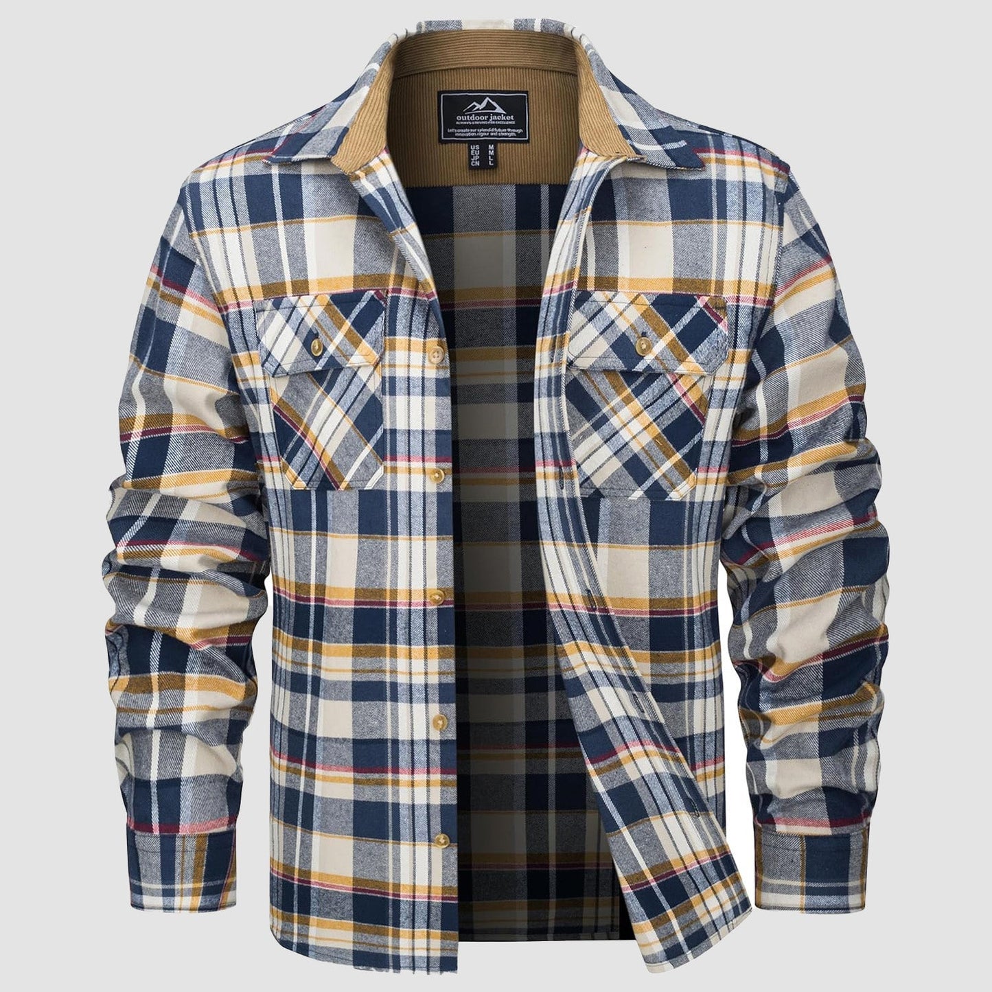 Men's lightweight flannel shirt jacket in brushed cotton with corduroy-lined collar and cuffs