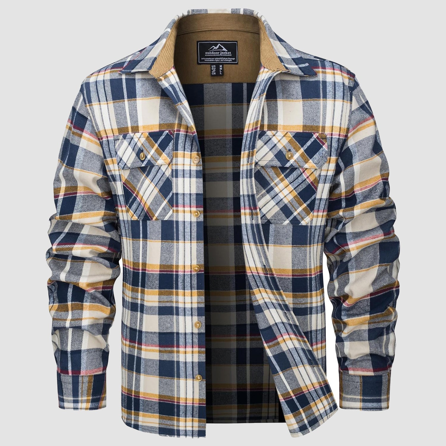 Men's lightweight flannel shirt jacket in brushed cotton with corduroy-lined collar and cuffs
