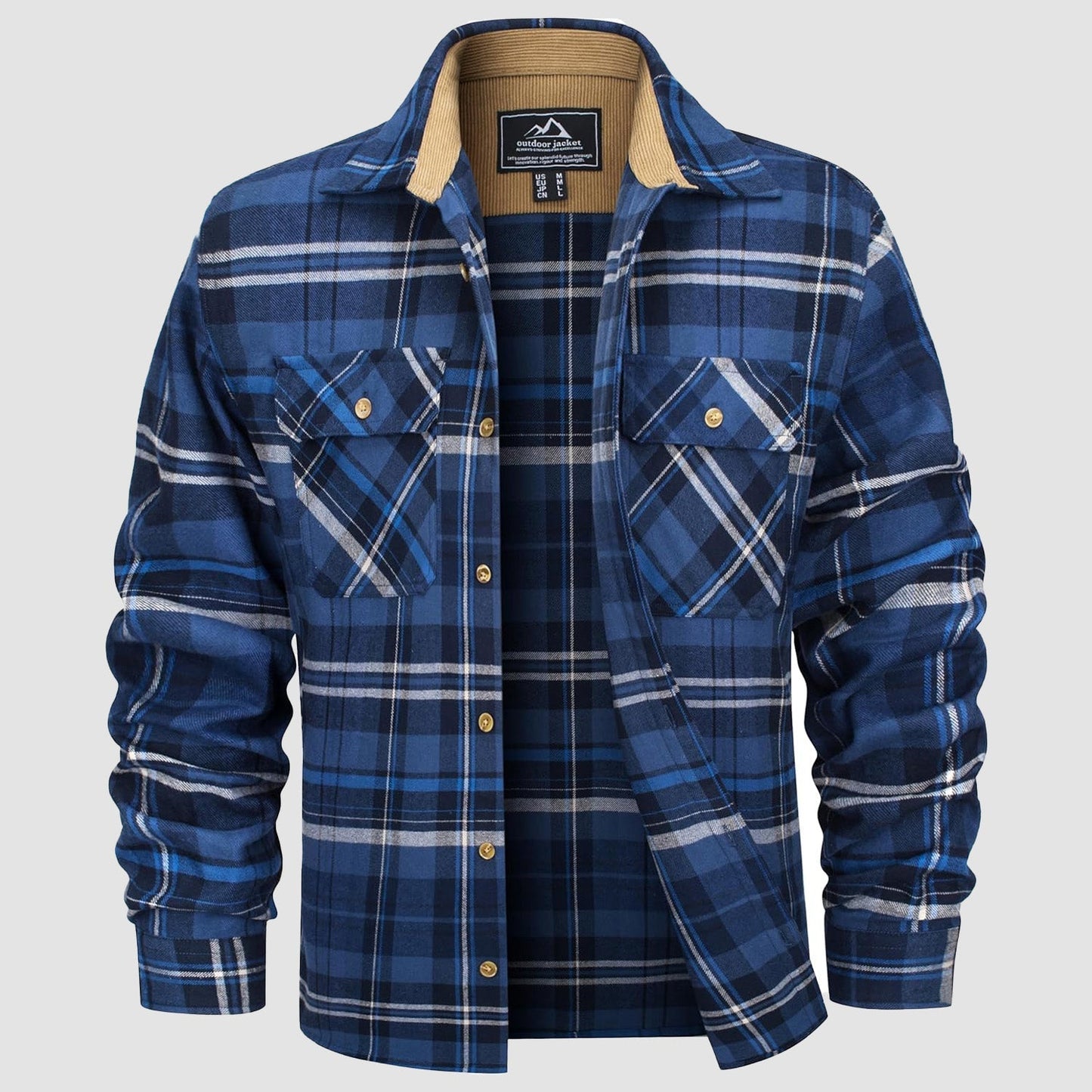 Men's lightweight flannel shirt jacket in brushed cotton with corduroy lined collar and cuffs