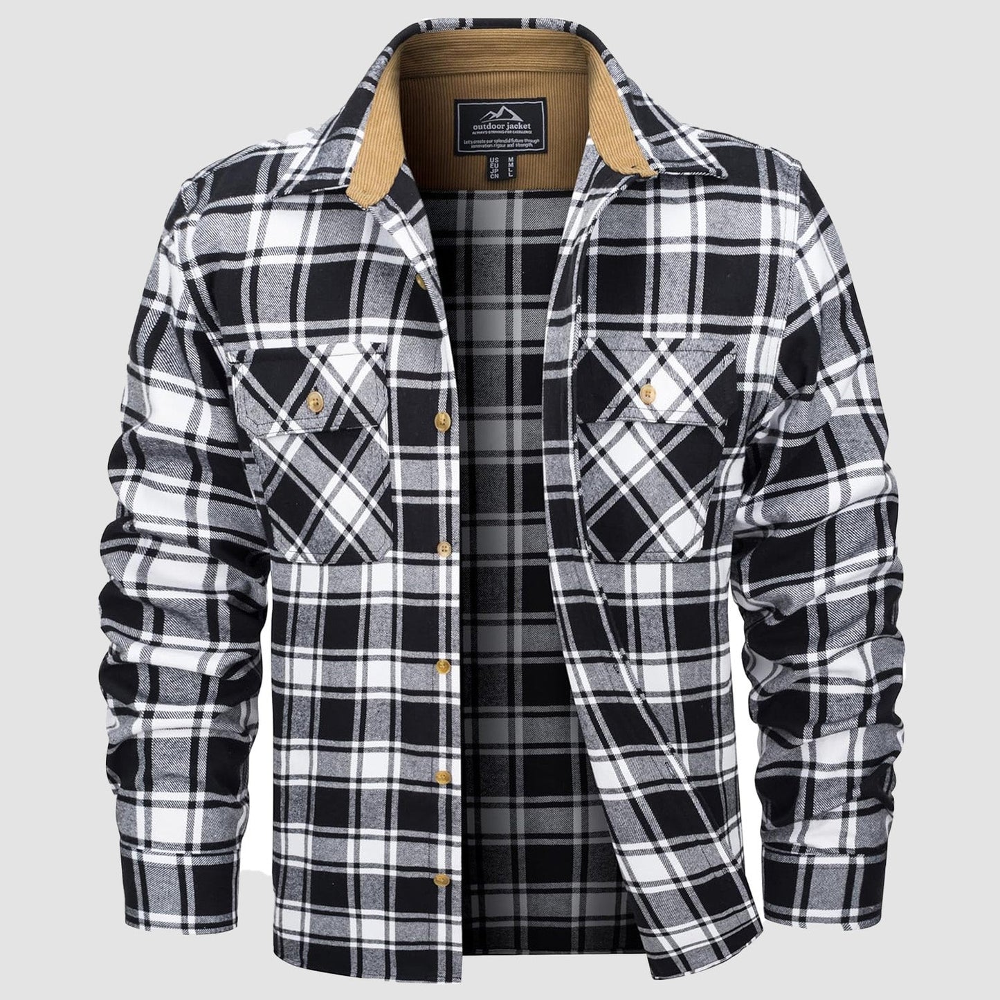 Men's lightweight flannel shirt jacket in brushed cotton with corduroy lined collar and cuffs