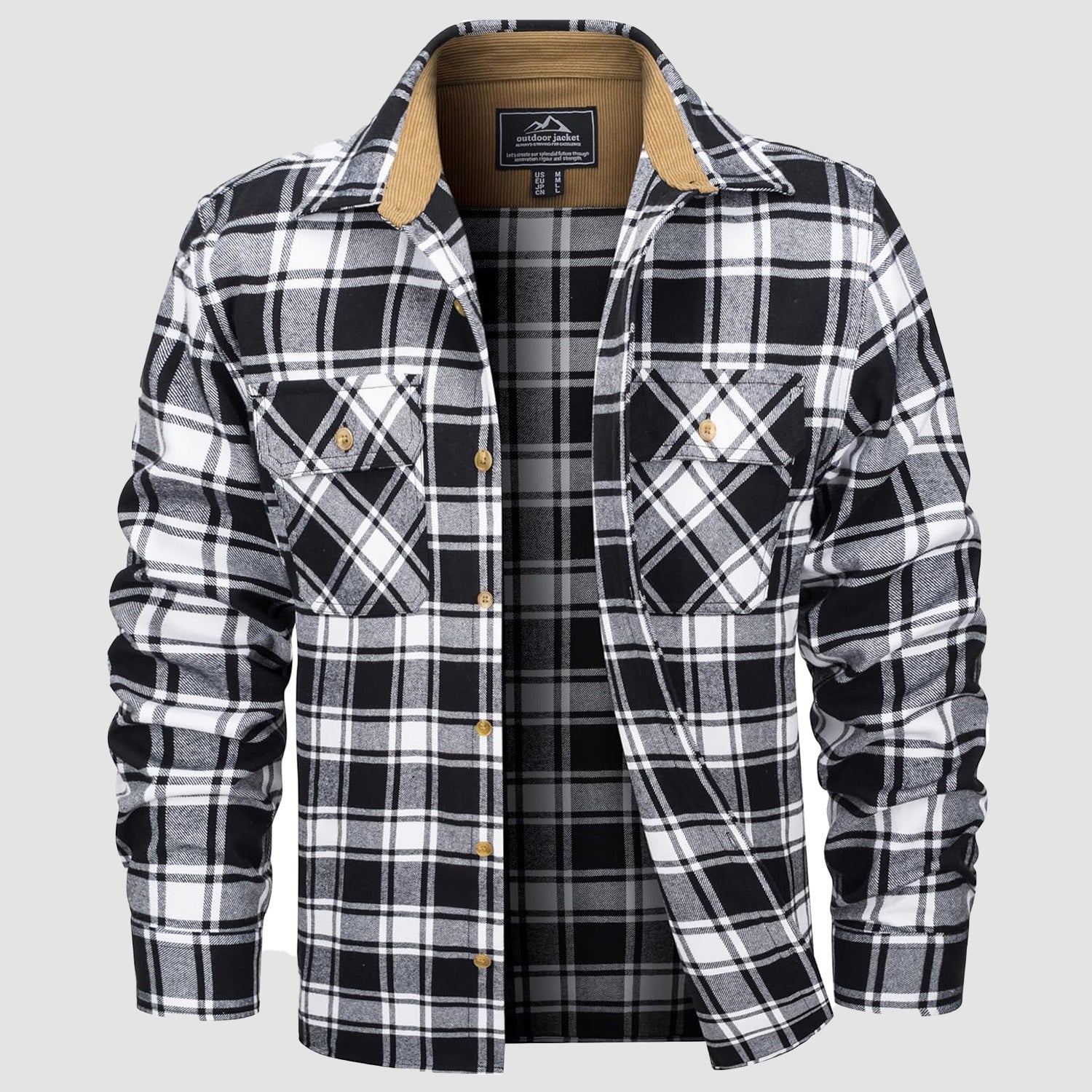 Men's lightweight flannel shirt jacket in brushed cotton with corduroy lined collar and cuffs