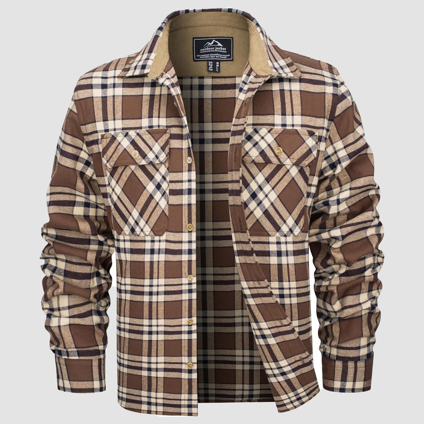 Men's lightweight flannel shirt jacket in brushed cotton with corduroy-lined collar and cuffs