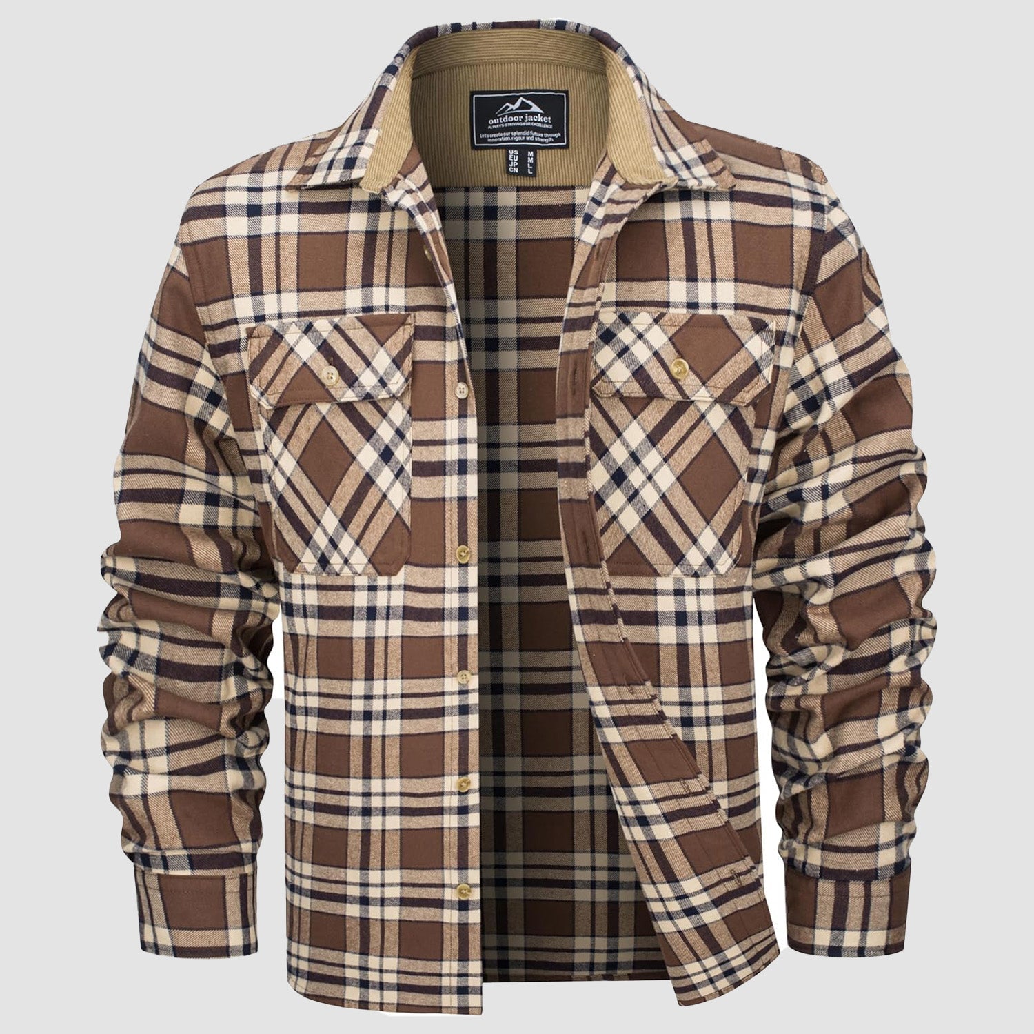 Men's lightweight flannel shirt jacket in brushed cotton with corduroy-lined collar and cuffs