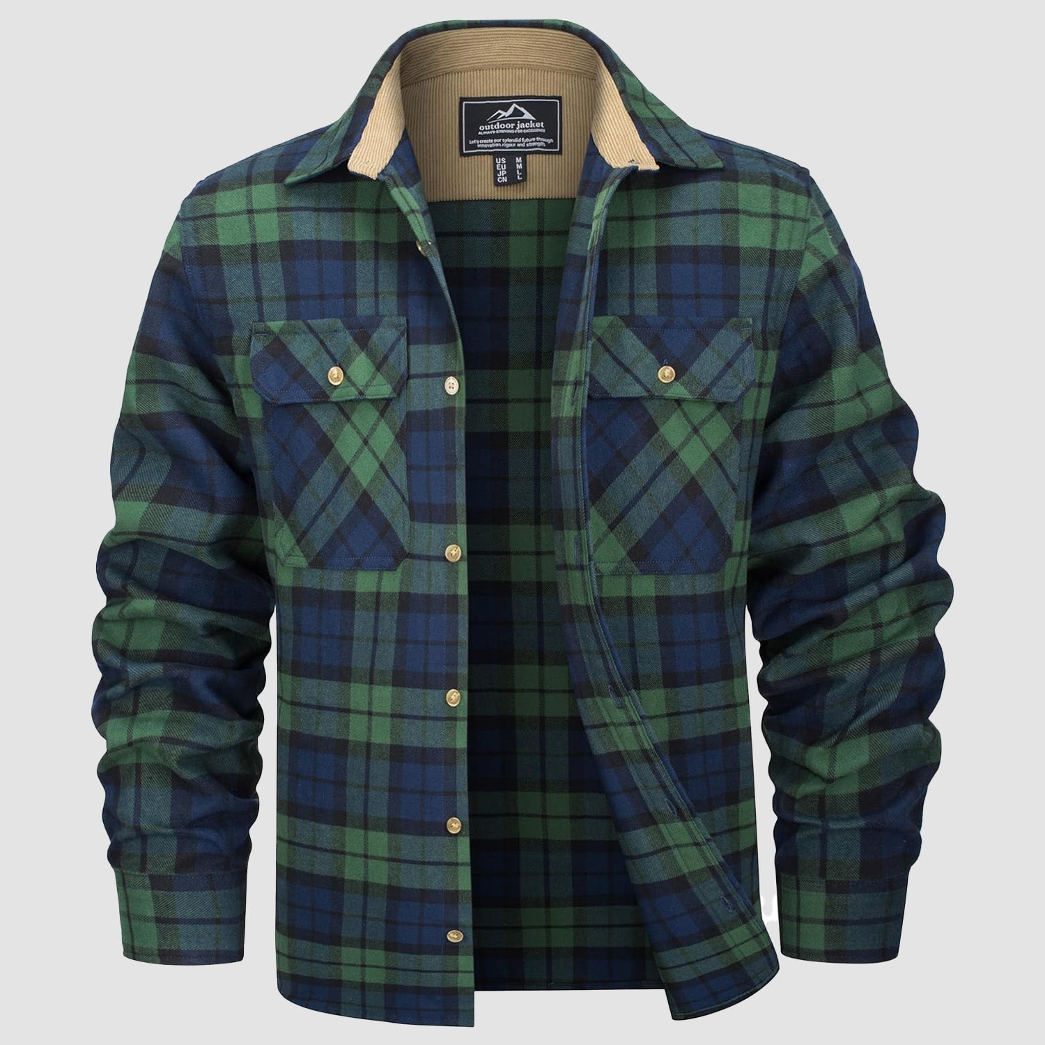 Men's lightweight flannel shirt jacket in brushed cotton with corduroy lined collar and cuffs