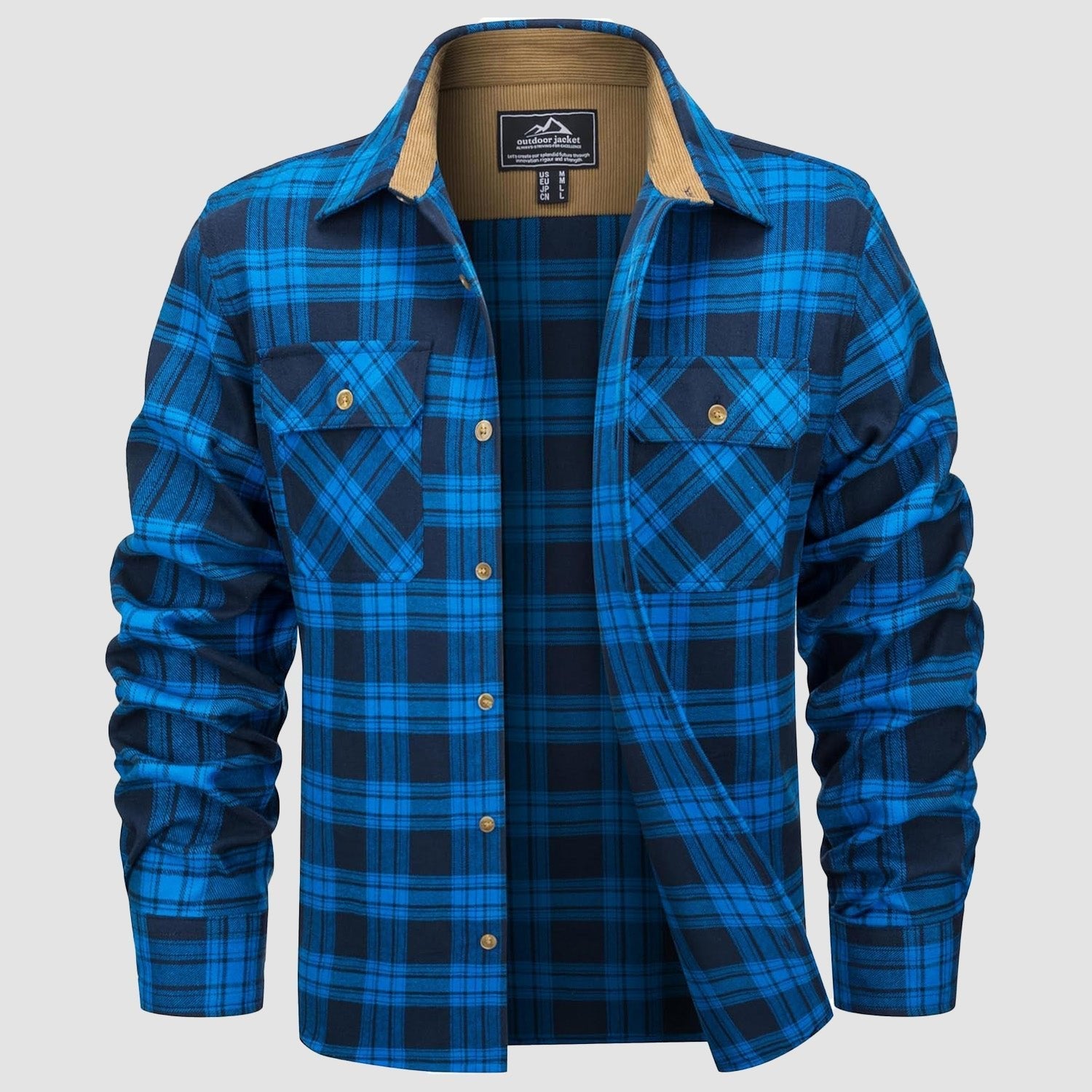 Men's lightweight flannel shirt jacket in brushed cotton with corduroy lined collar and cuffs