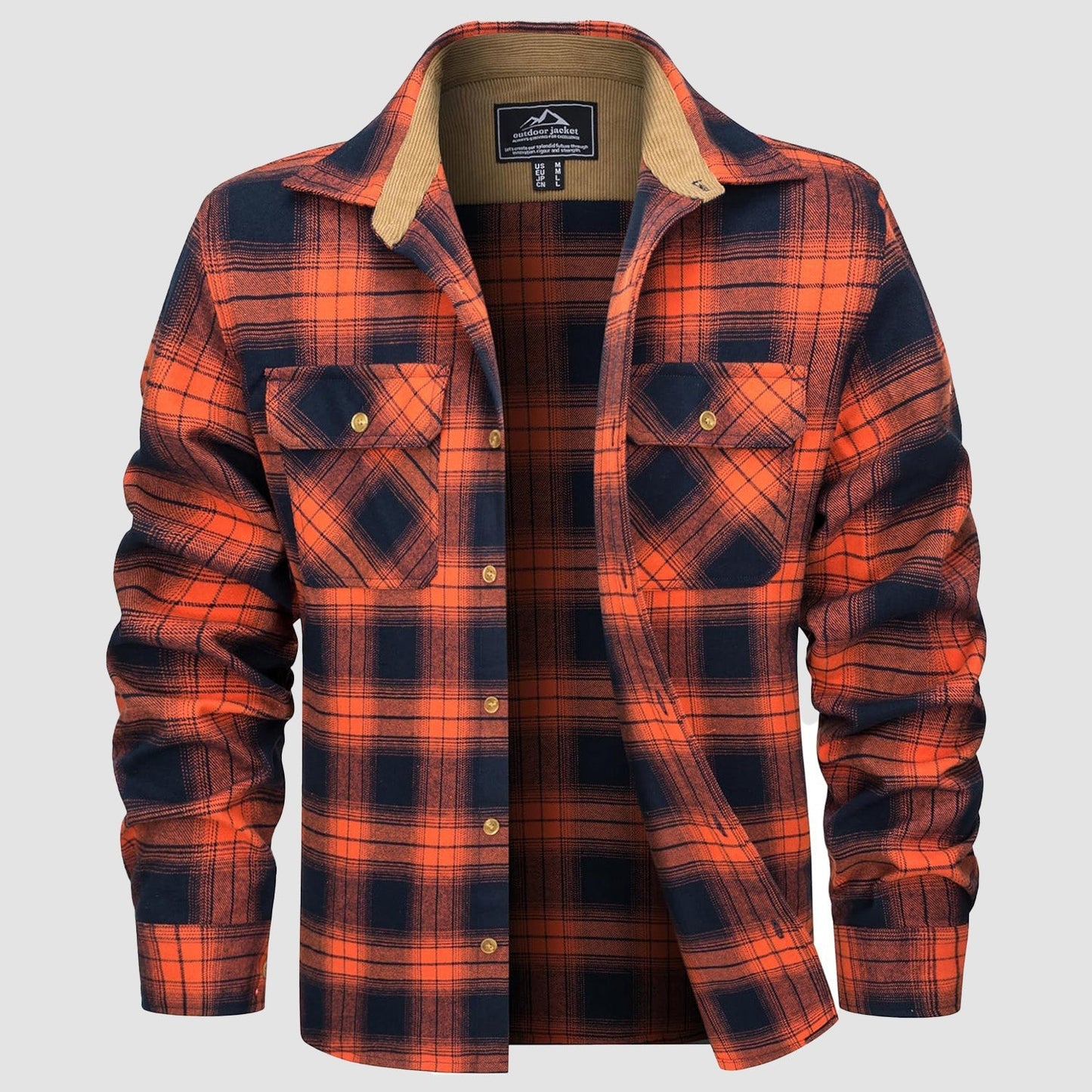 Men's lightweight flannel shirt jacket in brushed cotton with corduroy lined collar and cuffs