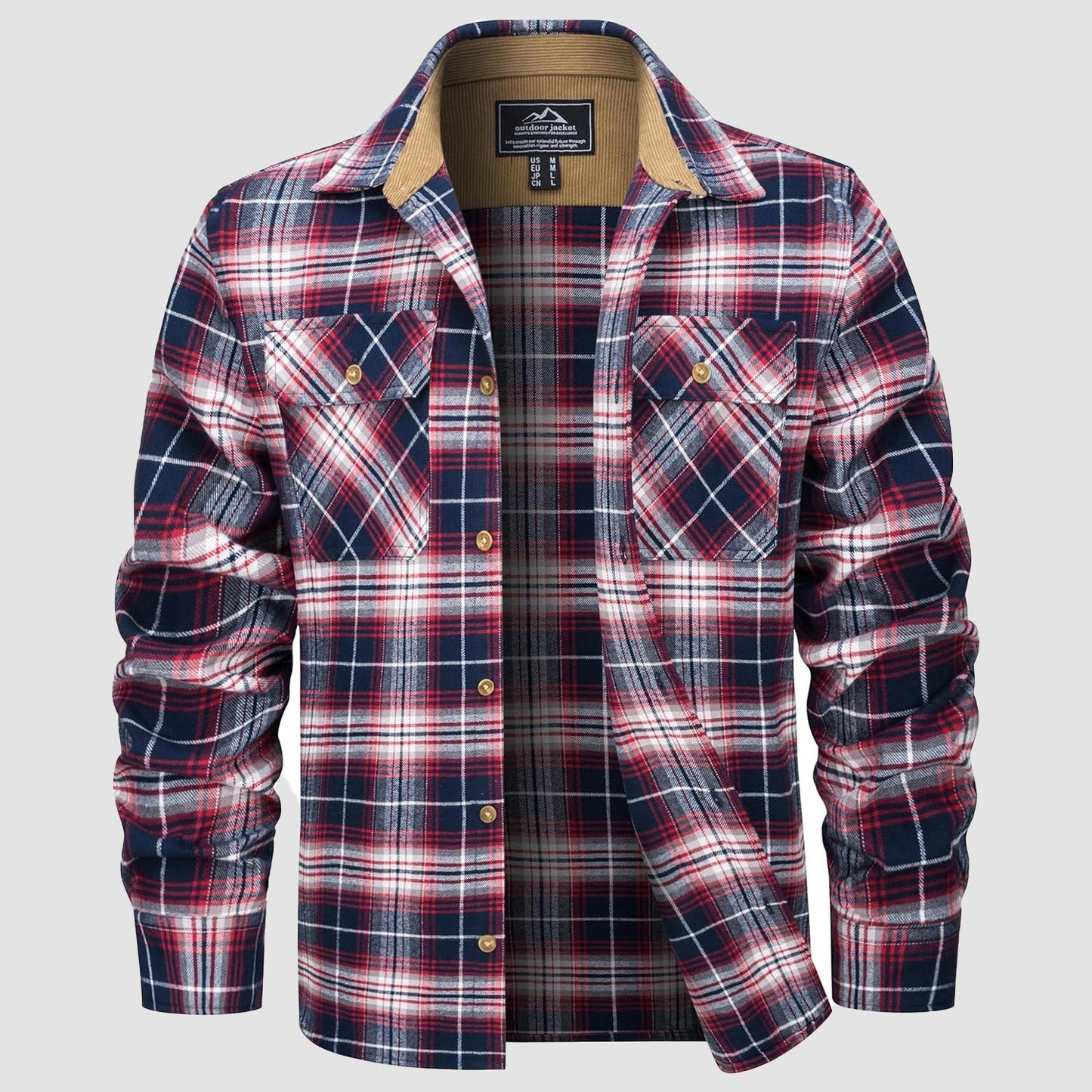 Men's lightweight flannel shirt jacket brushed cotton corduroy lined collar cuffs casual everyday