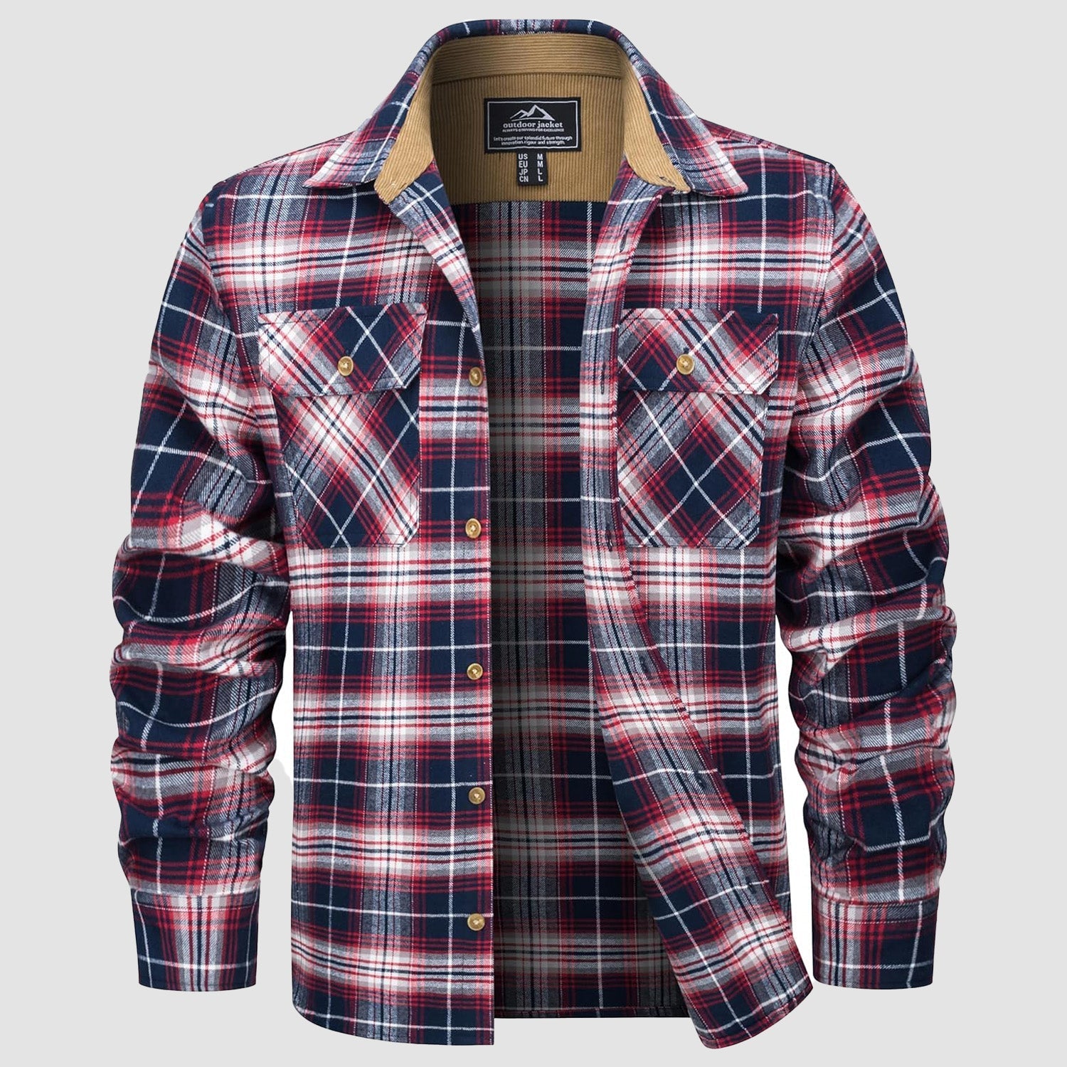 Men's lightweight flannel shirt jacket brushed cotton corduroy lined collar cuffs casual everyday