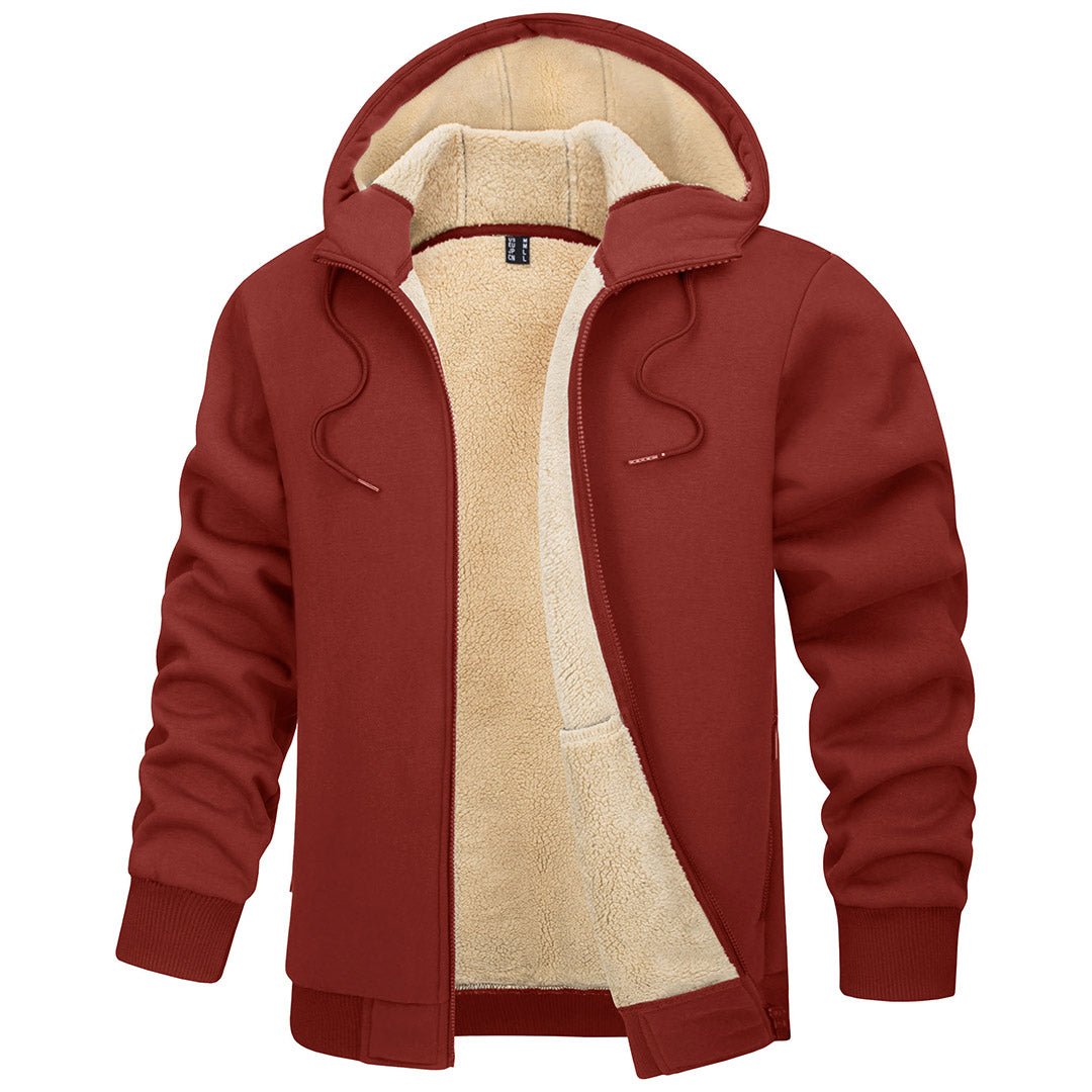Men's windproof thermal fleece hoodie jacket in neutral tone, slim-fit winter coat for hiking