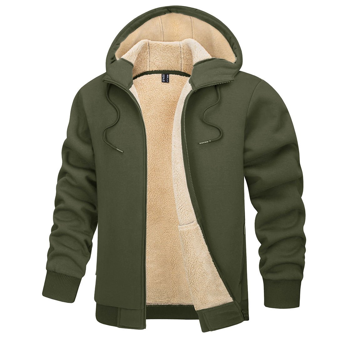 Men's windproof thermal fleece hoodie jacket in solid color with stretch cotton blend for outdoor winter wear