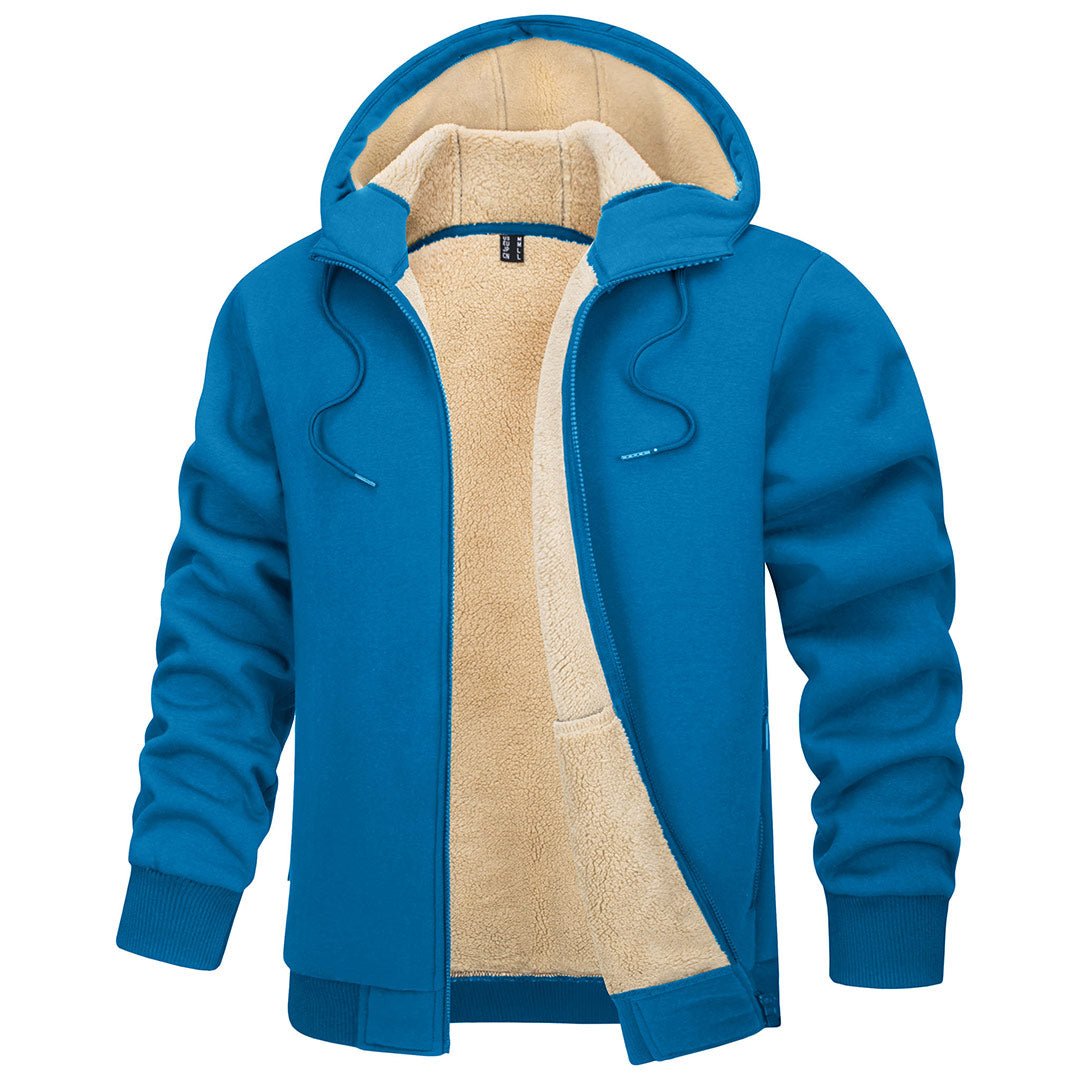 Men's windproof fleece hoodie jacket in thermal winter coat style with stretch cotton blend