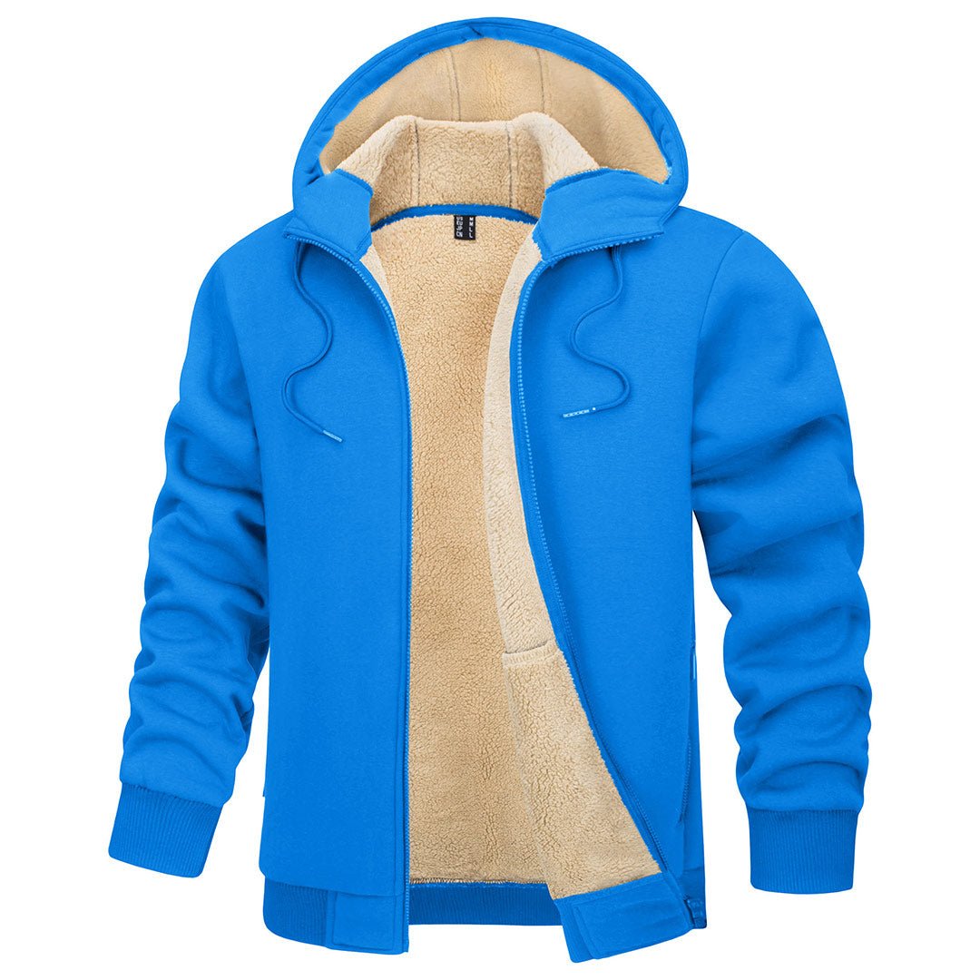 Men's windproof thermal fleece hoodie jacket in neutral tone, slim-fit with stretch cotton for hiking