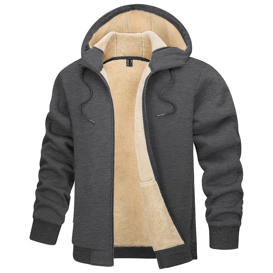 Men's windproof thermal fleece hoodie jacket in neutral tone, slim athletic cut for hiking and outdoor wear