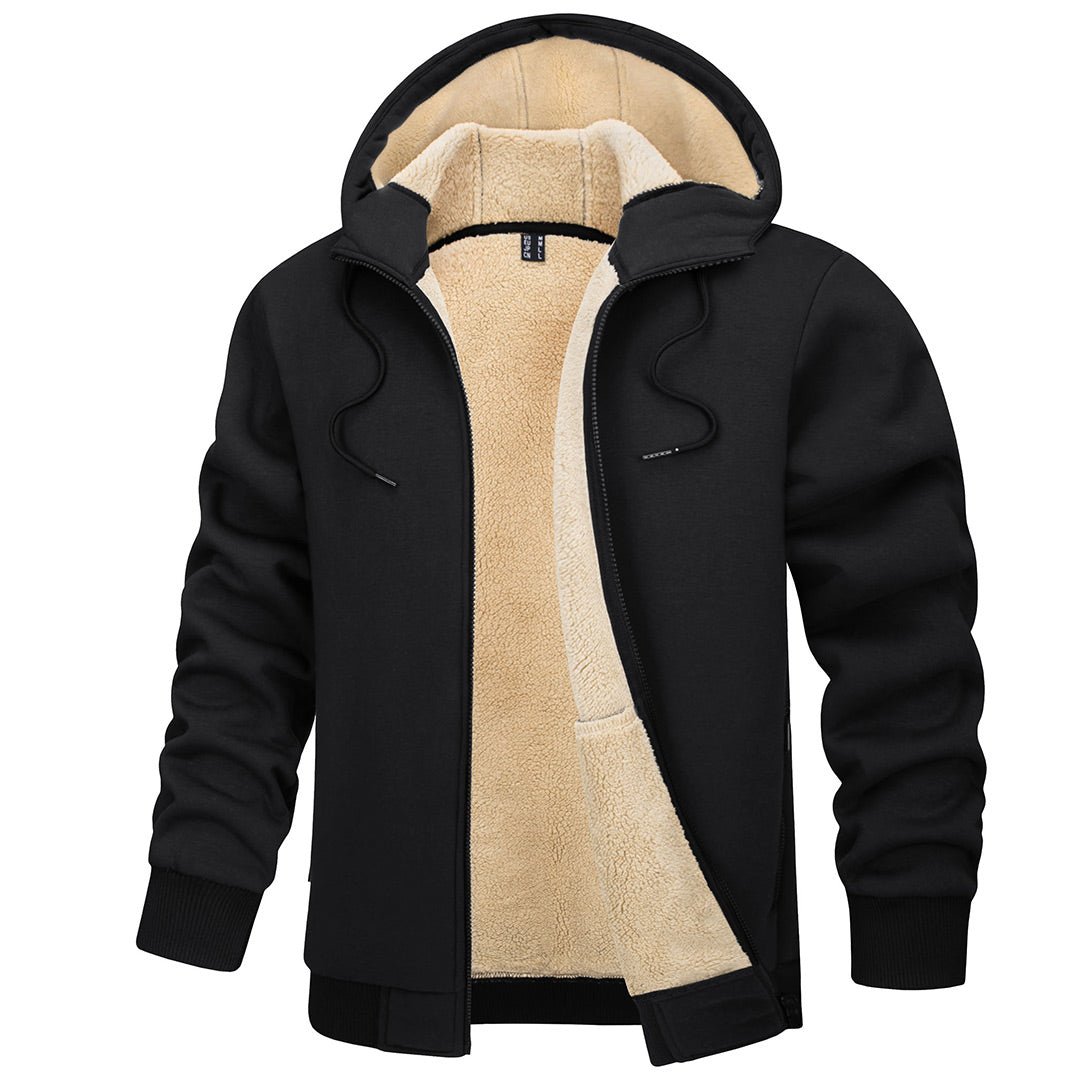 Men's windproof thermal fleece hoodie jacket in neutral tone, slim-fit with stretch cotton blend