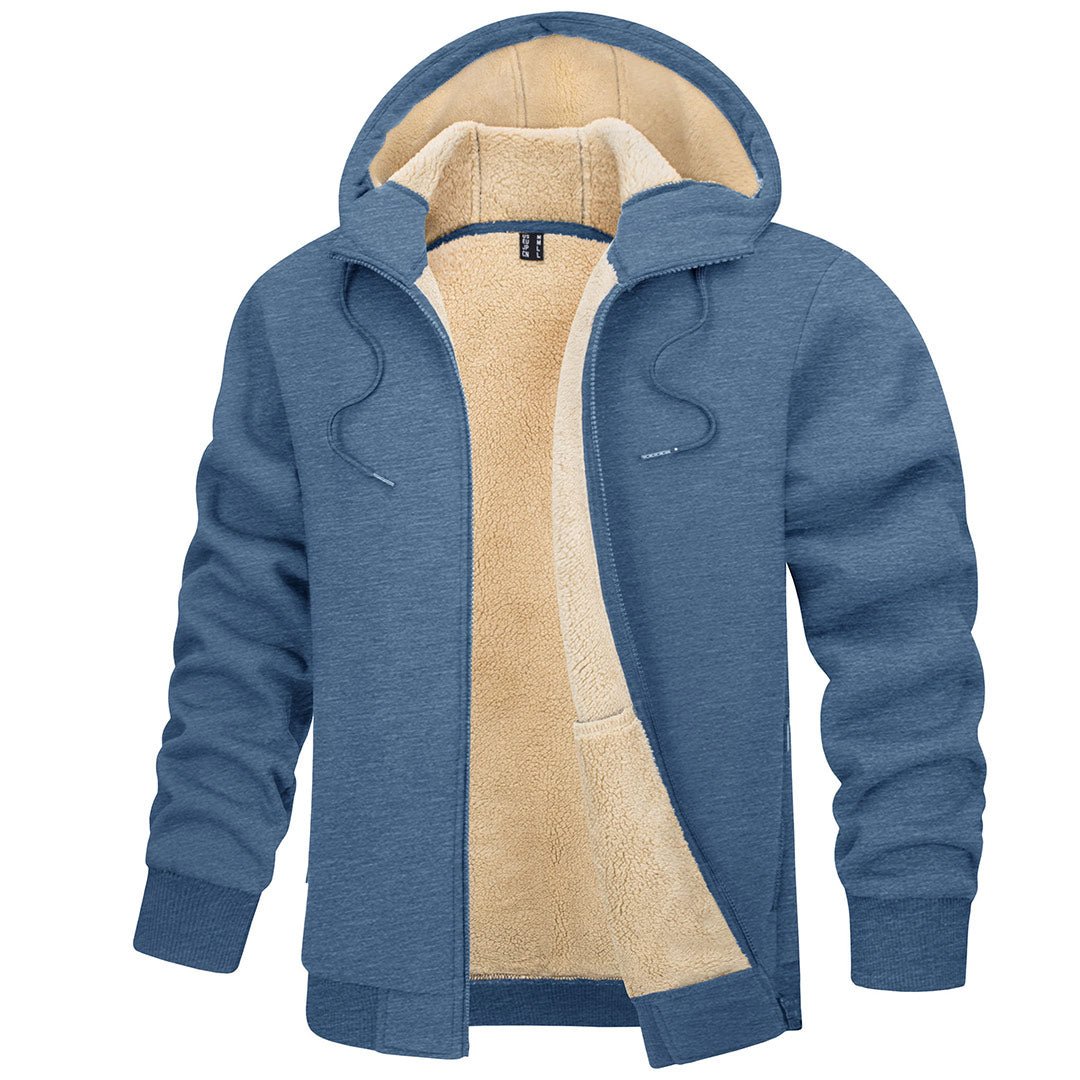 Men's windproof thermal fleece hoodie jacket in neutral tone, slim-fit cut for hiking and outdoor winter wear