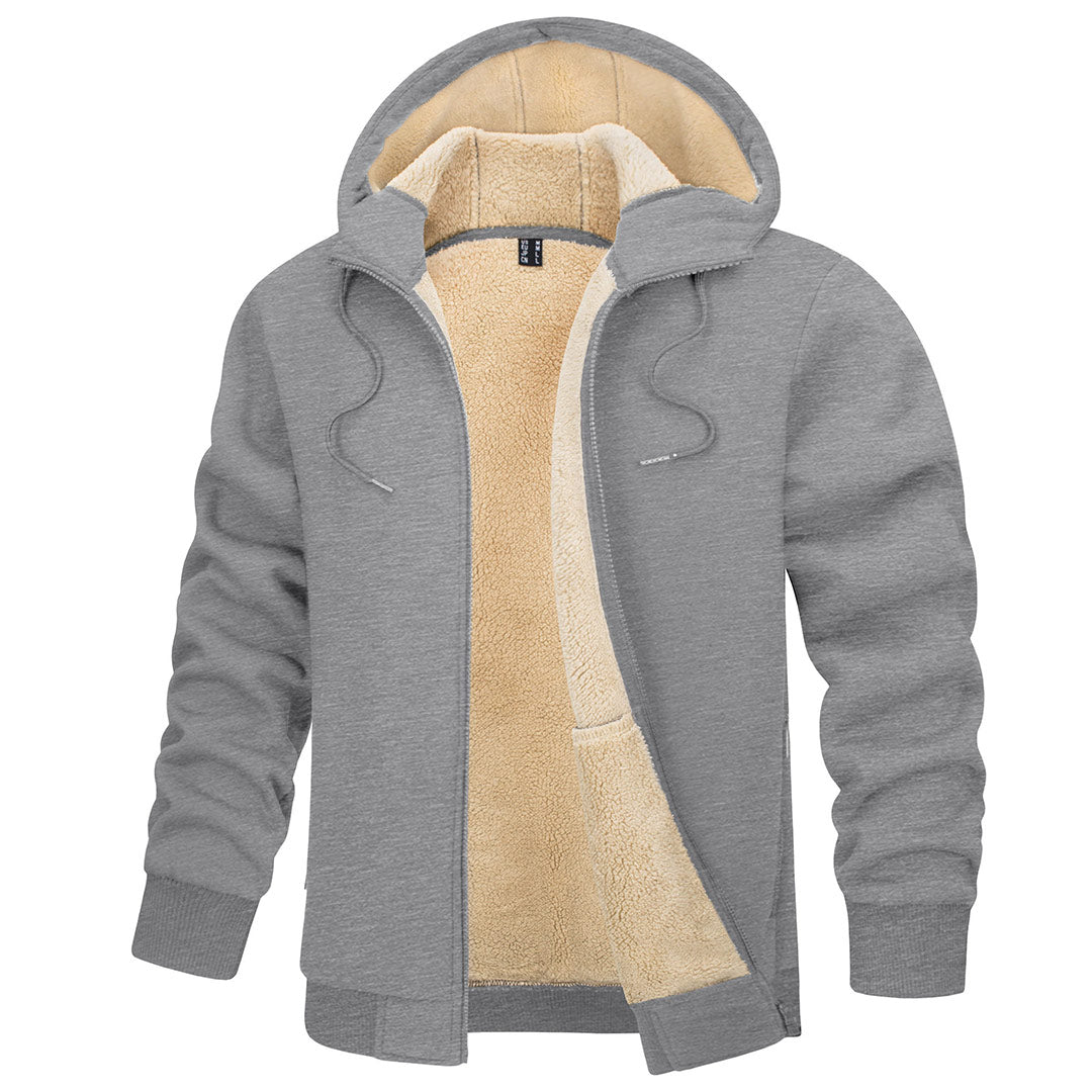 Men's windproof thermal fleece hoodie jacket in neutral tone, slim-fit winter coat for hiking