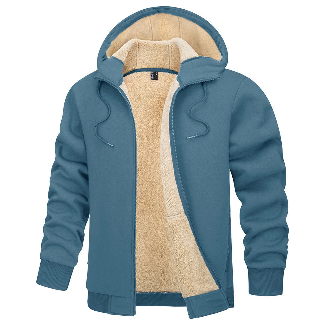 Men's windproof thermal fleece hoodie jacket in classic fit with soft cotton-spandex stretch for hiking