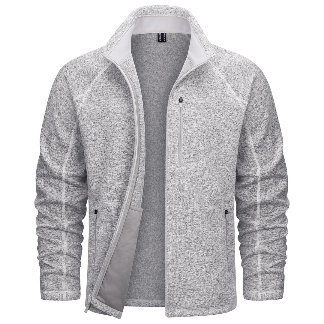 Men's lightweight full-zip fleece jacket casual outdoor fit stand collar with secure zip pockets