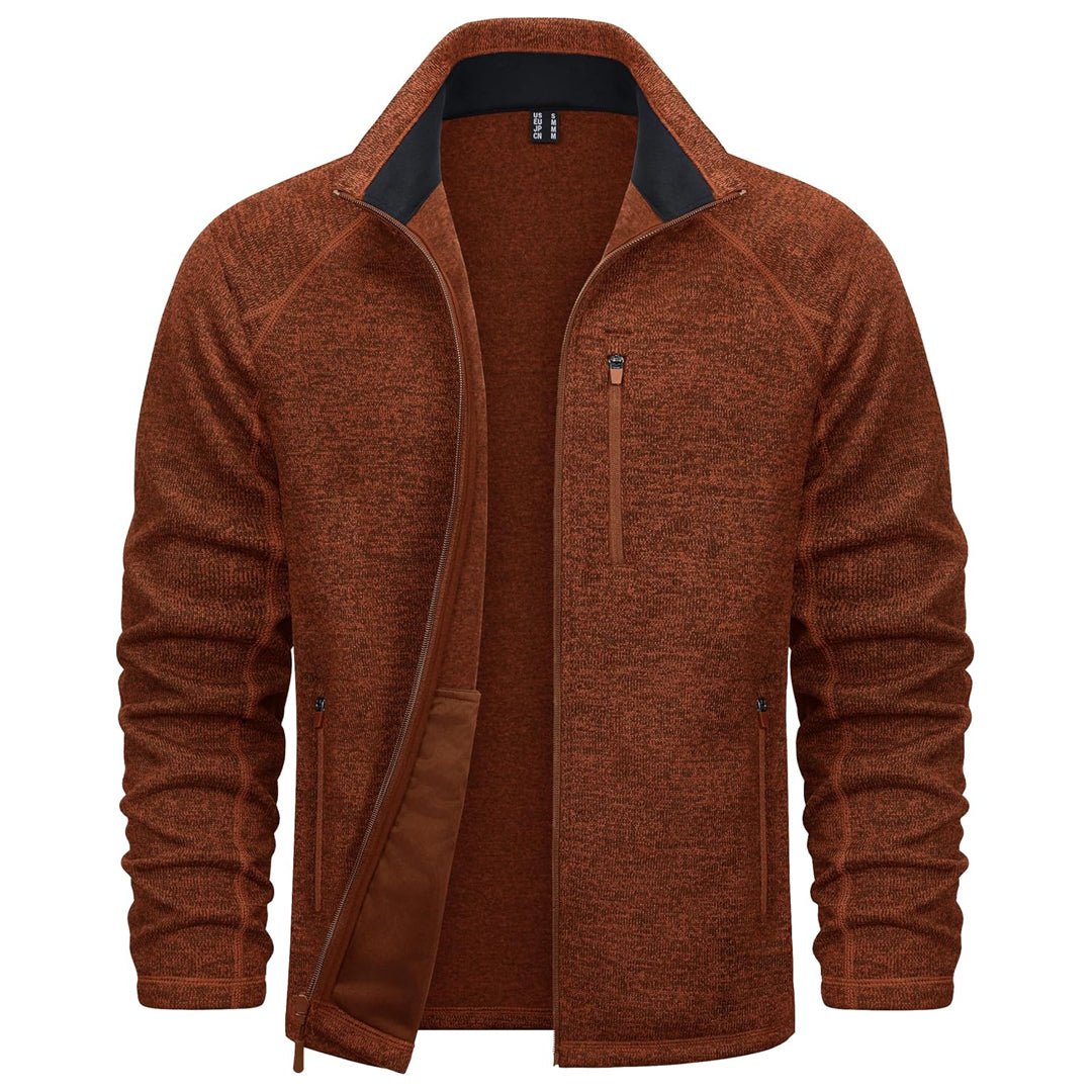 Men's lightweight full-zip fleece jacket casual outdoor fit stand collar with secure zip pockets