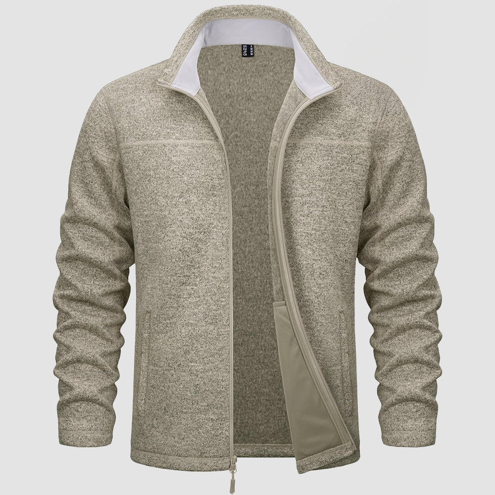 Men's lightweight full-zip fleece jacket with stand collar, windproof design for outdoor warmth