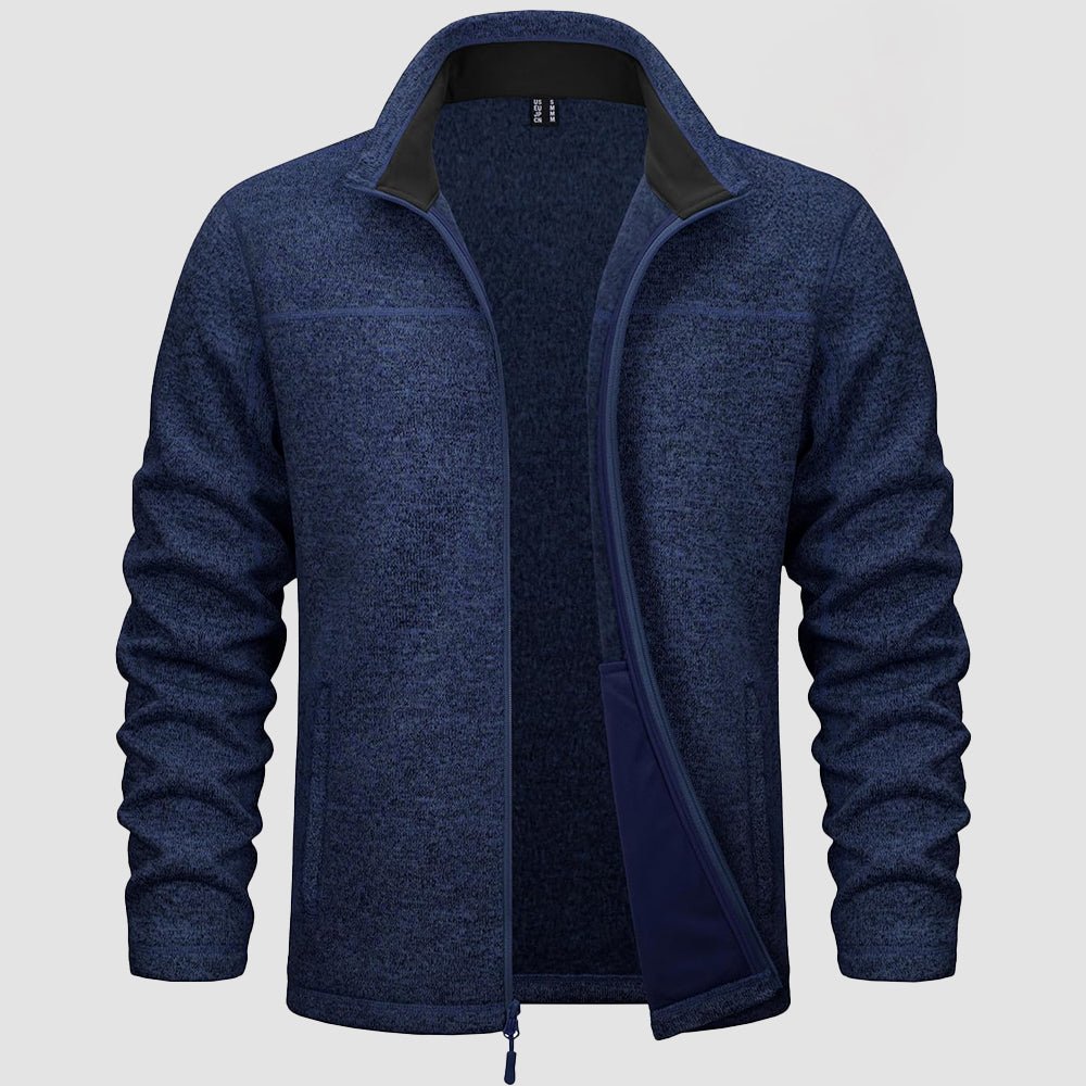 Men's lightweight full-zip fleece jacket stand collar windproof stretch layer for outdoor warmth