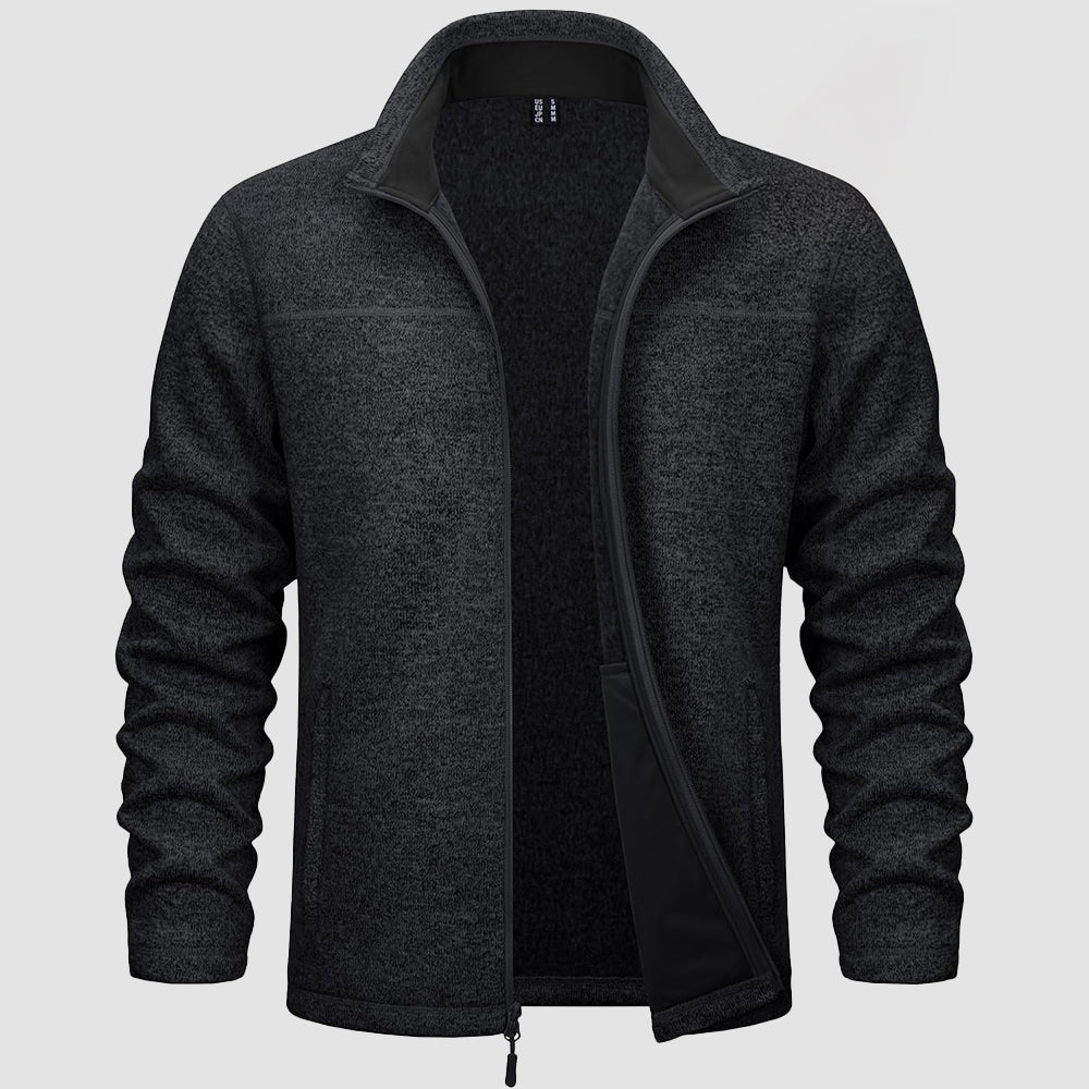Men's lightweight full-zip fleece jacket with stand collar, windproof stretch fabric for outdoor warmth