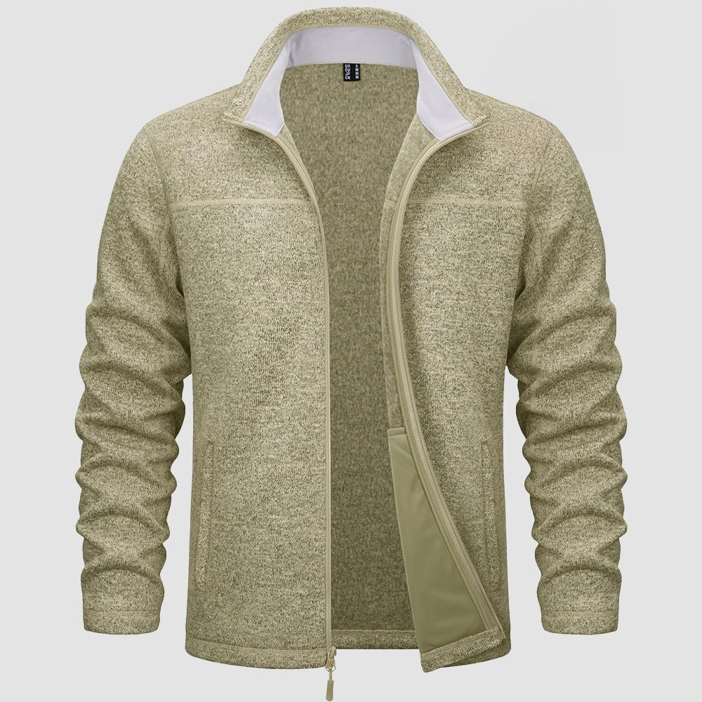 Men's lightweight full-zip fleece jacket with stand collar, windproof warmth for outdoor activities