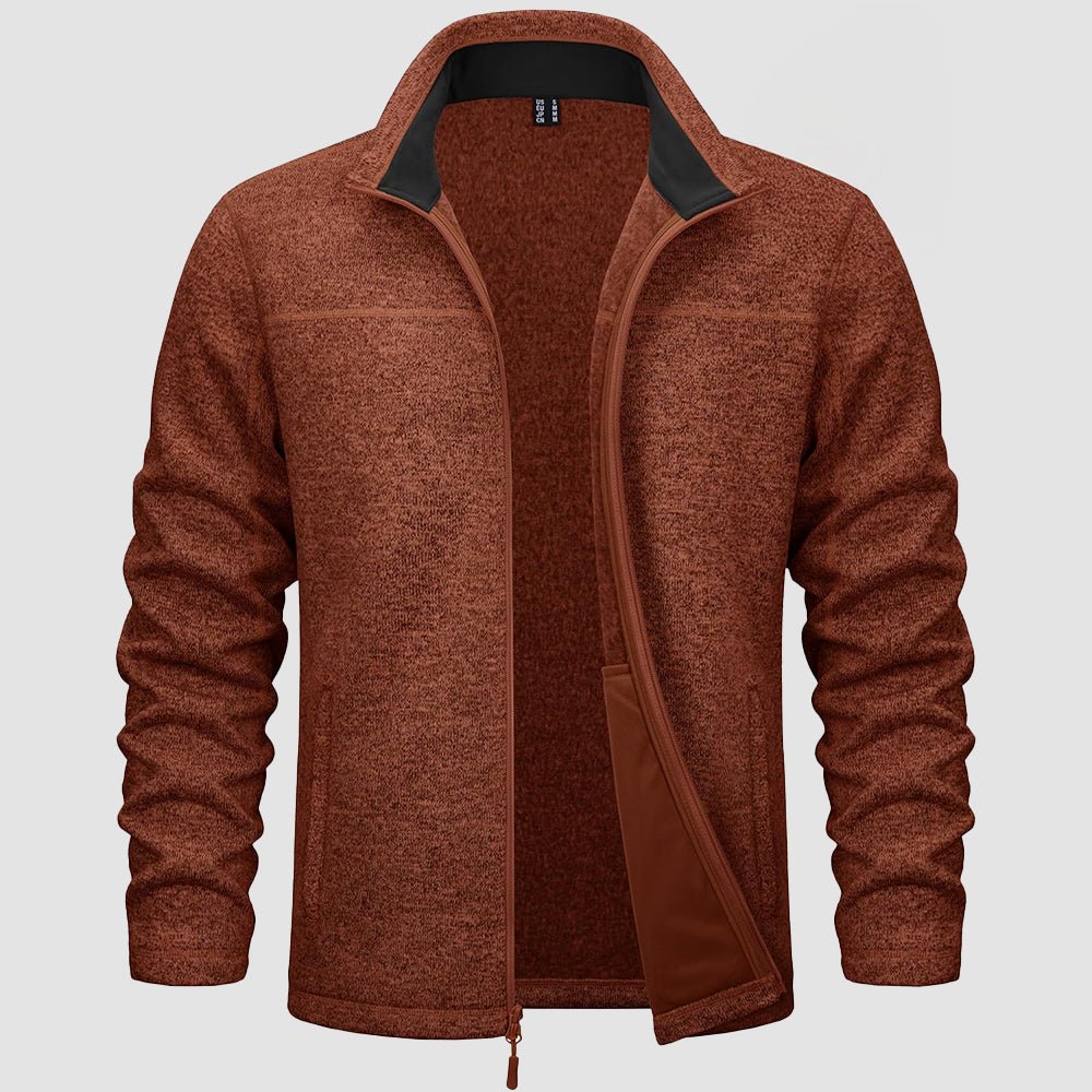 Men's lightweight full-zip fleece jacket with stand collar, windproof stretch fabric for outdoor warmth