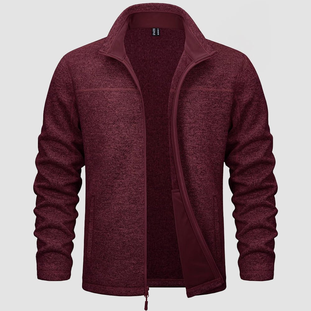 Men's lightweight full-zip fleece jacket with stand collar, windproof stretch fabric for outdoor warmth