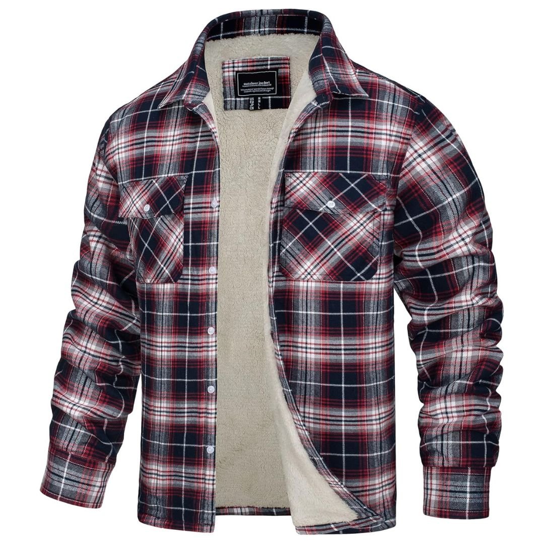 Men's plaid flannel shirt jacket fleece-lined multi-pocket design for cold weather layering