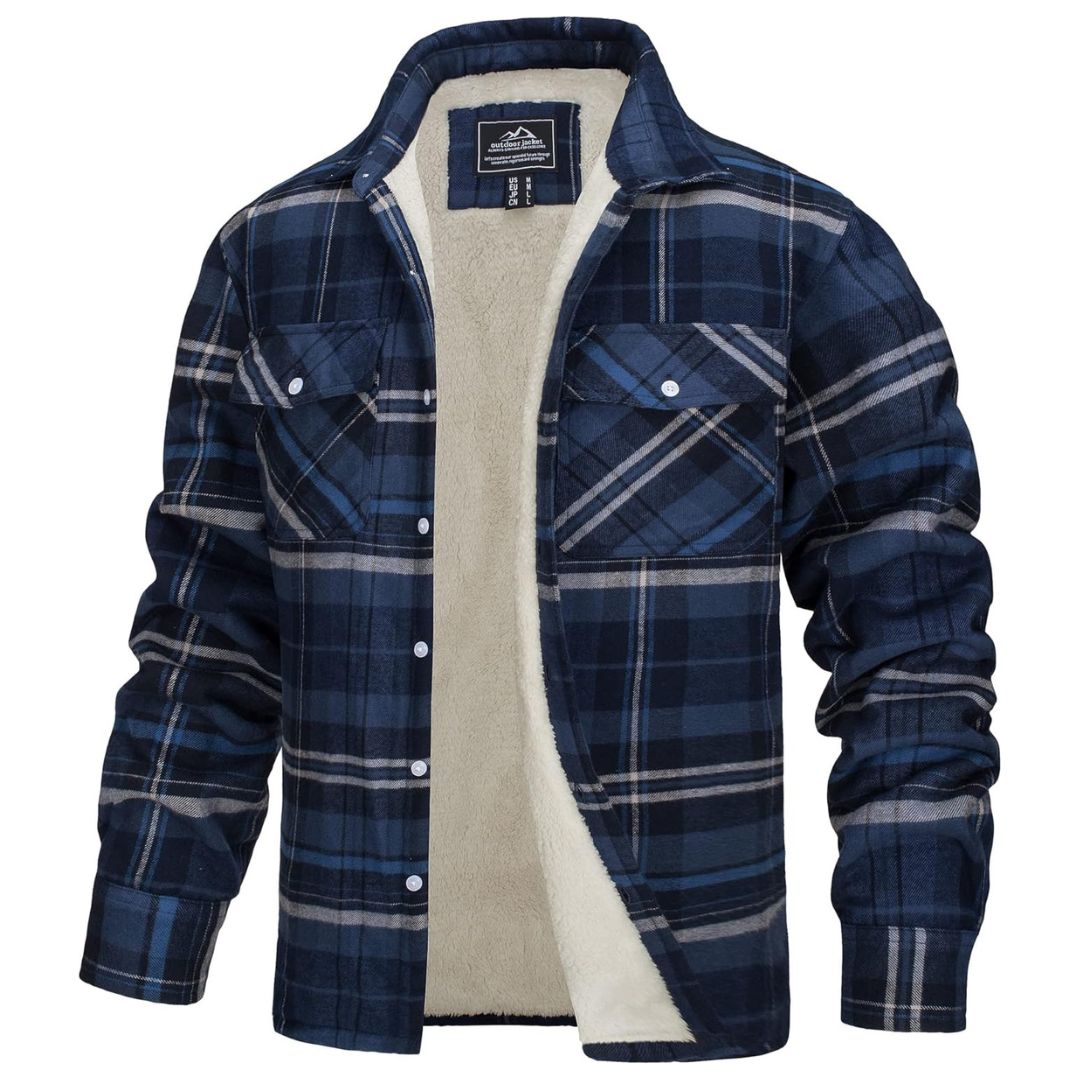 Men's plaid flannel shirt jacket fleece-lined multi-pocket design for cold weather warmth
