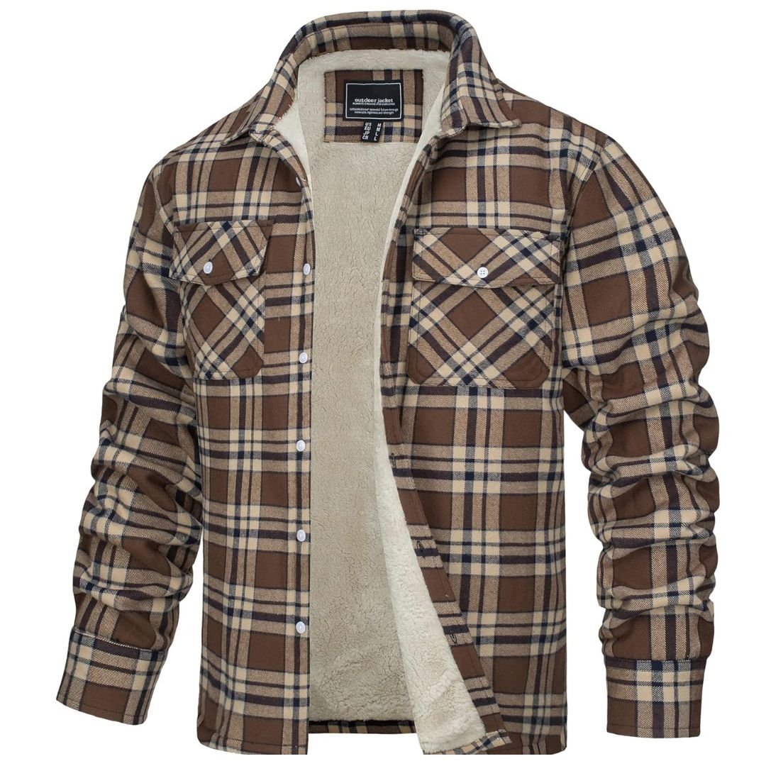 Men's plaid flannel shirt jacket fleece-lined multi-pocket cold weather layering piece