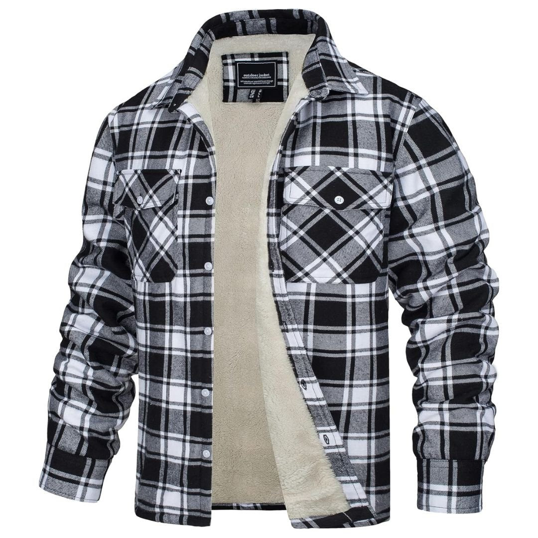 Men's plaid flannel shirt jacket fleece-lined multi-pocket design for cold weather warmth