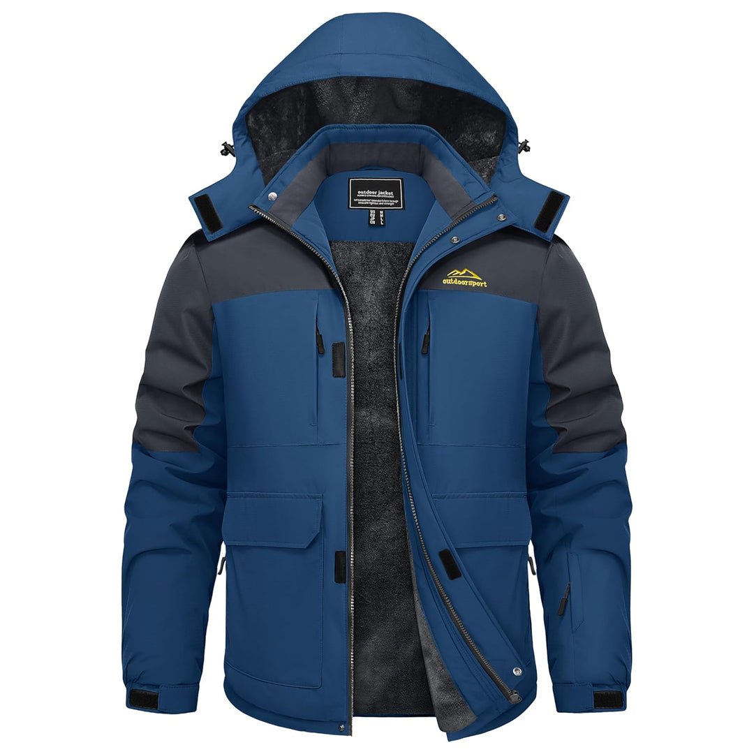 Men's waterproof windproof fleece-lined ski jacket with detachable hood and 9 pockets for winter