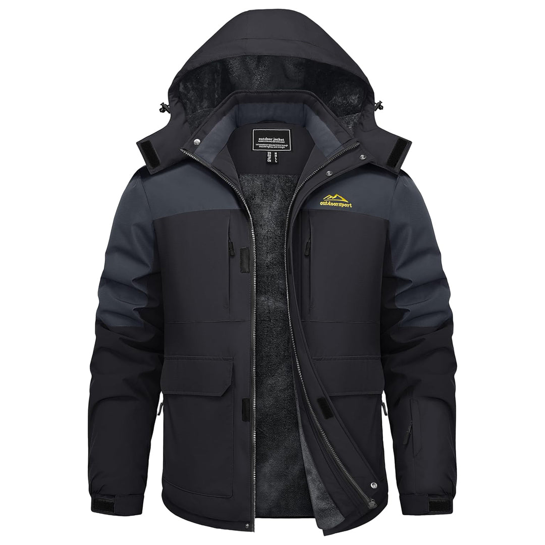 Men's waterproof fleece-lined ski jacket with detachable hood, windproof shell, and 9-pocket organization