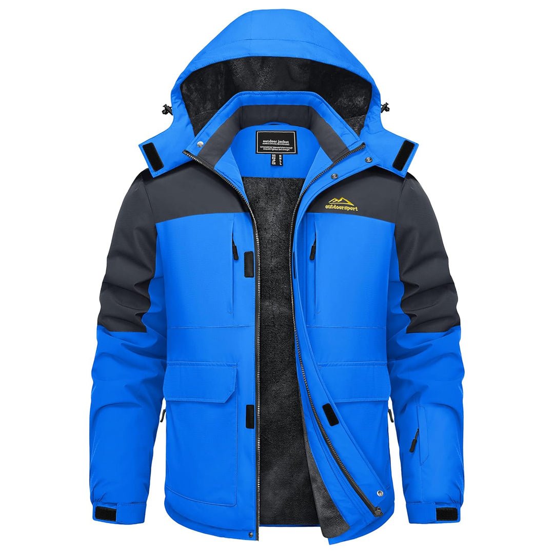Men's waterproof fleece-lined ski jacket with detachable hood, windproof shell, and 9-pocket organization