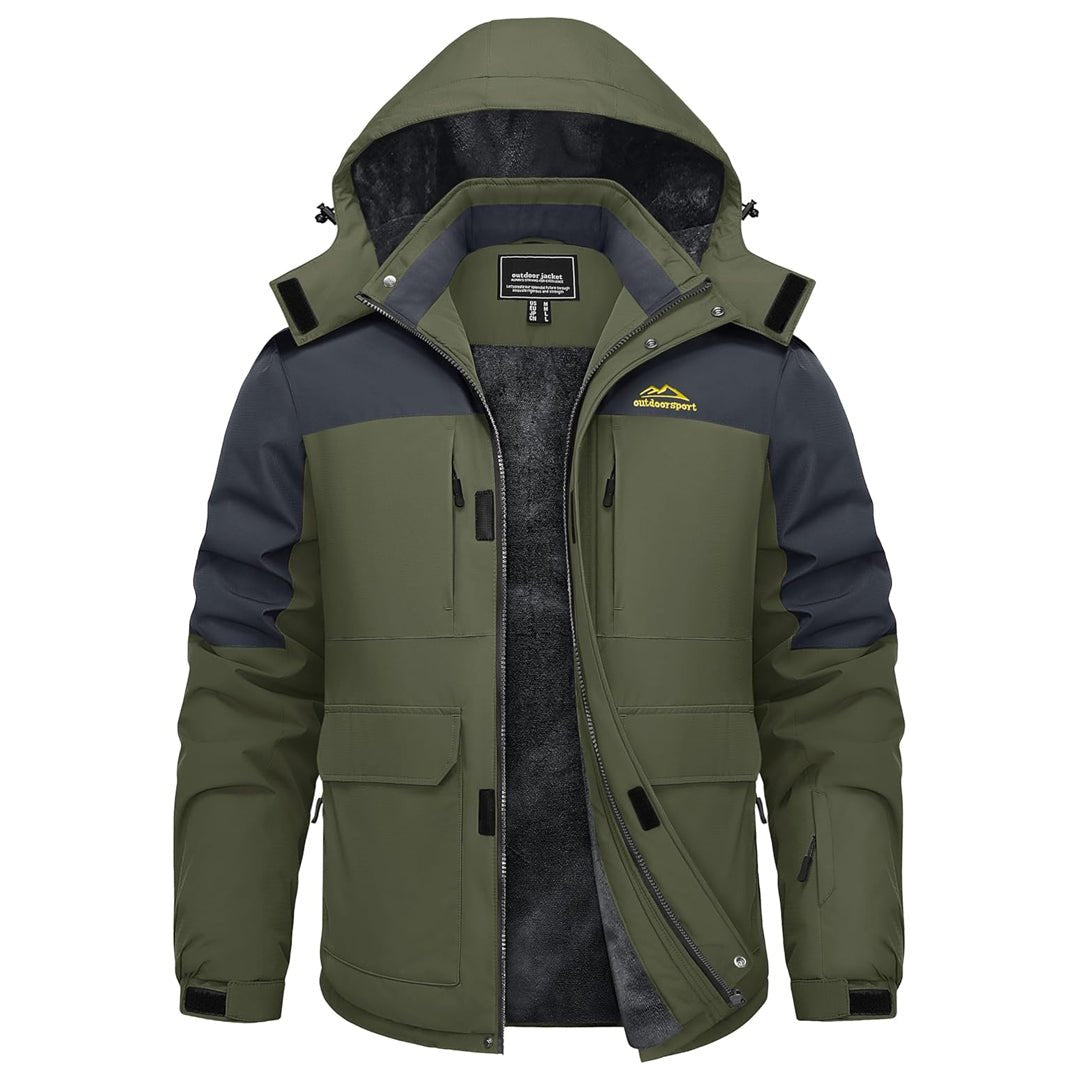 Men's waterproof fleece-lined winter ski jacket with detachable hood and 9-pocket windproof shell