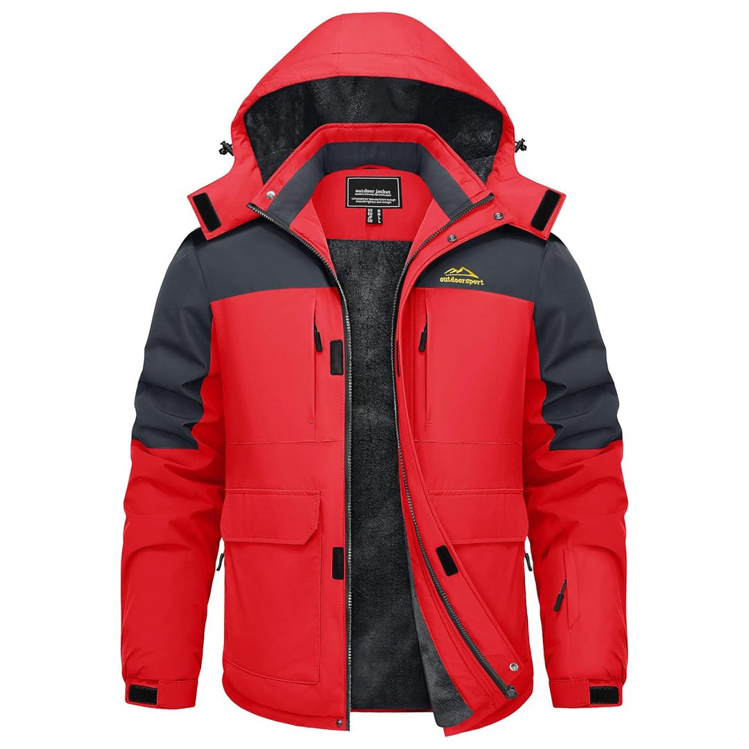 Men's waterproof fleece-lined ski jacket, windproof winter coat with detachable hood and 9 pockets