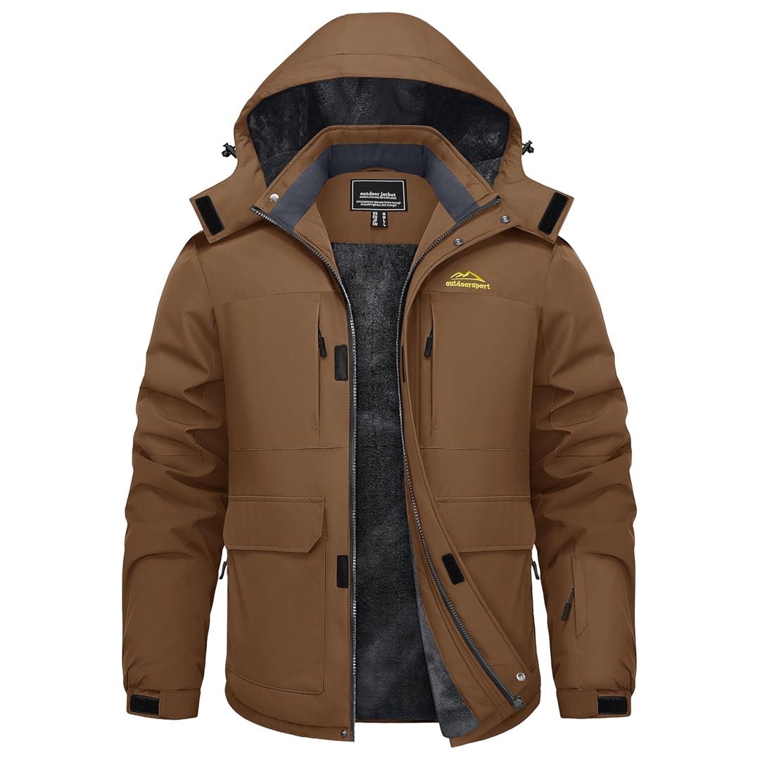 Men's waterproof fleece-lined ski jacket with detachable hood, windproof shell, 9 pockets, winter outdoor wear
