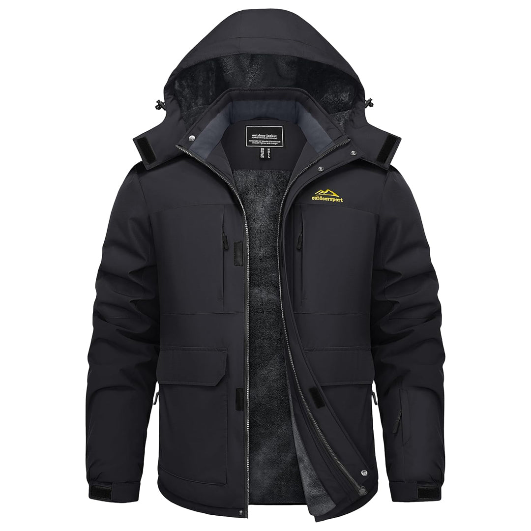 Men's waterproof fleece-lined ski jacket, windproof winter coat with detachable hood and 9 pockets