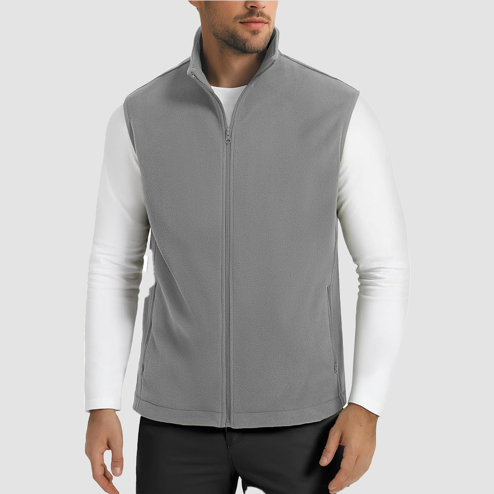 Men's lightweight fleece vest with stand collar, 4 zip pockets, warm winter outerwear