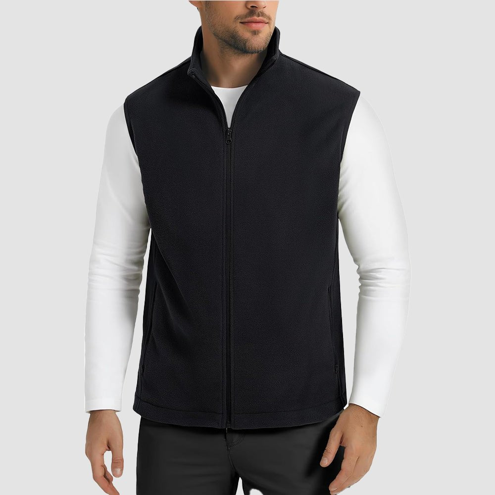 Men's lightweight fleece vest with stand collar, 4 zip pockets, warm winter outerwear layering piece