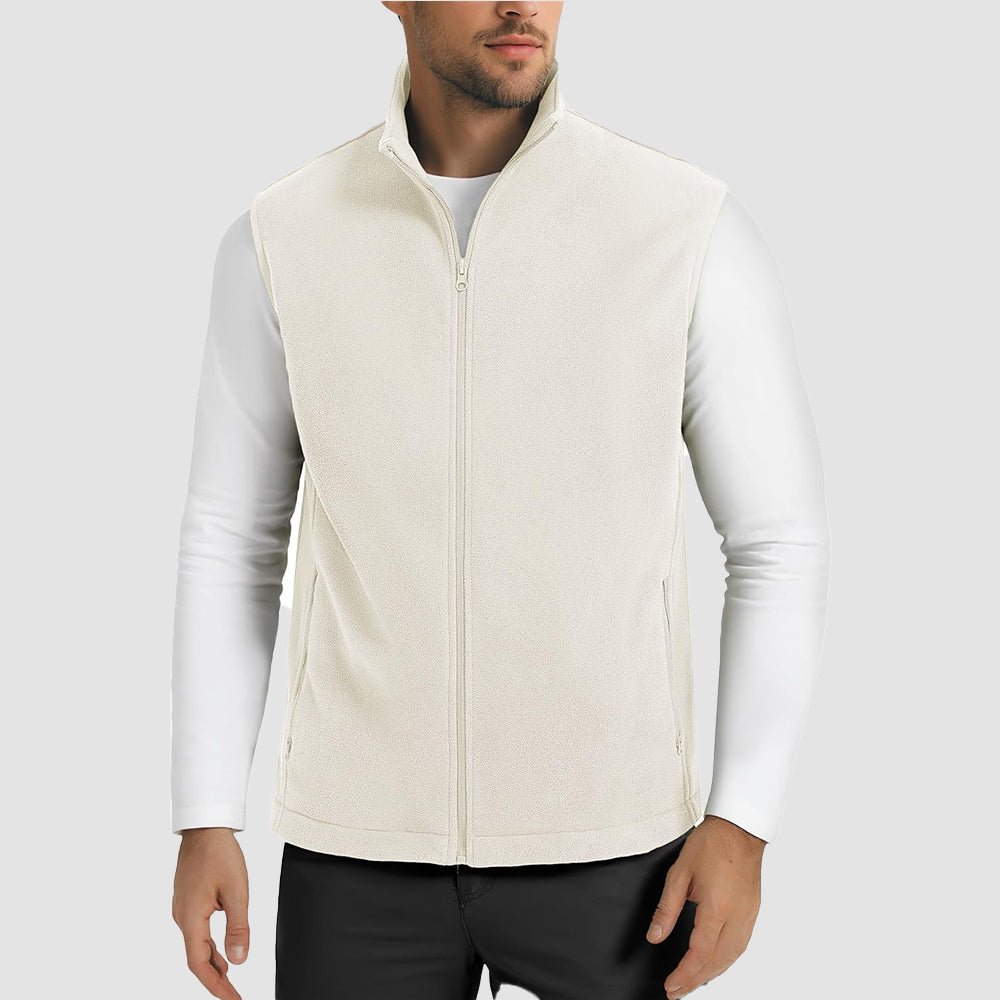 Men's lightweight fleece vest with stand collar, 4 zip pockets, warm winter outerwear