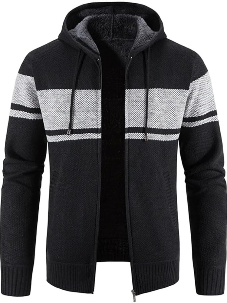Men's hooded zip-front cardigan warm inner lining modern knit texture for winter layering