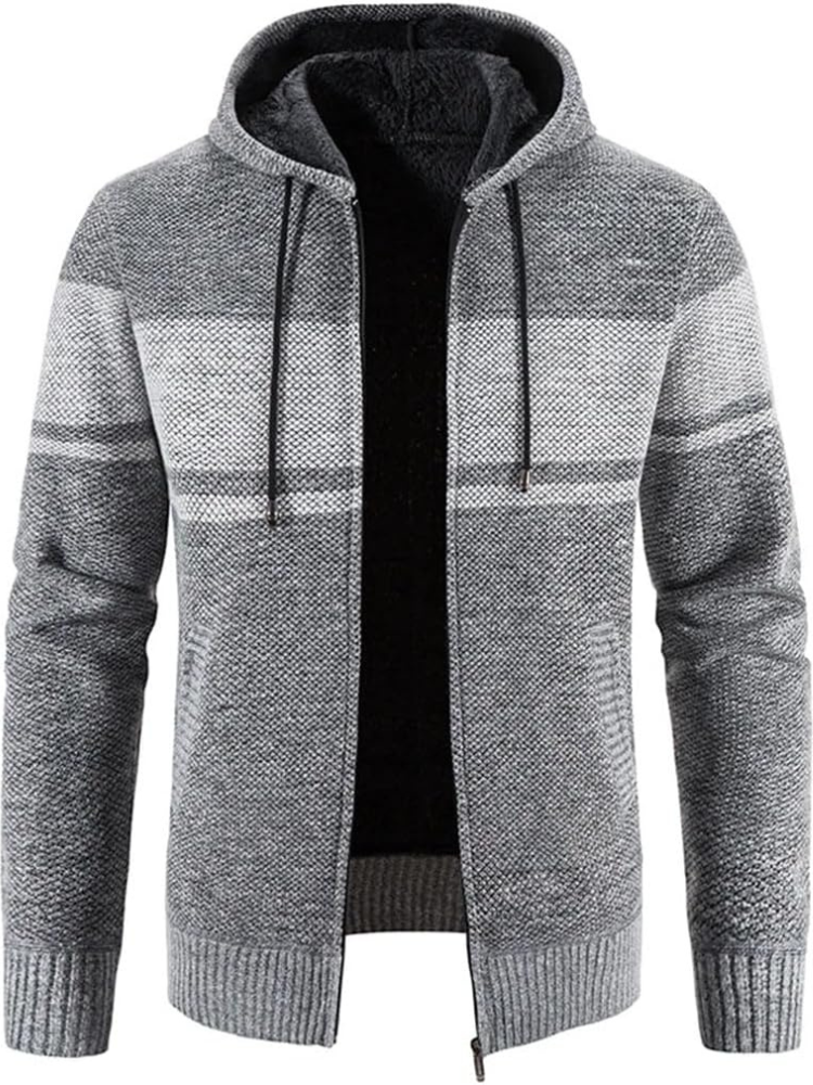 Men's hooded zip-front cardigan warm inner lining knit texture winter layering piece